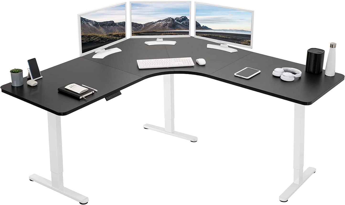 VIVO Electric Height Adjustable 71 x 71 inch Curved Corner Stand Up Desk, White Table Top, White Frame, Memory Controller, L-Shaped Workstation, E3C Series, DESK-KIT-E3CWW