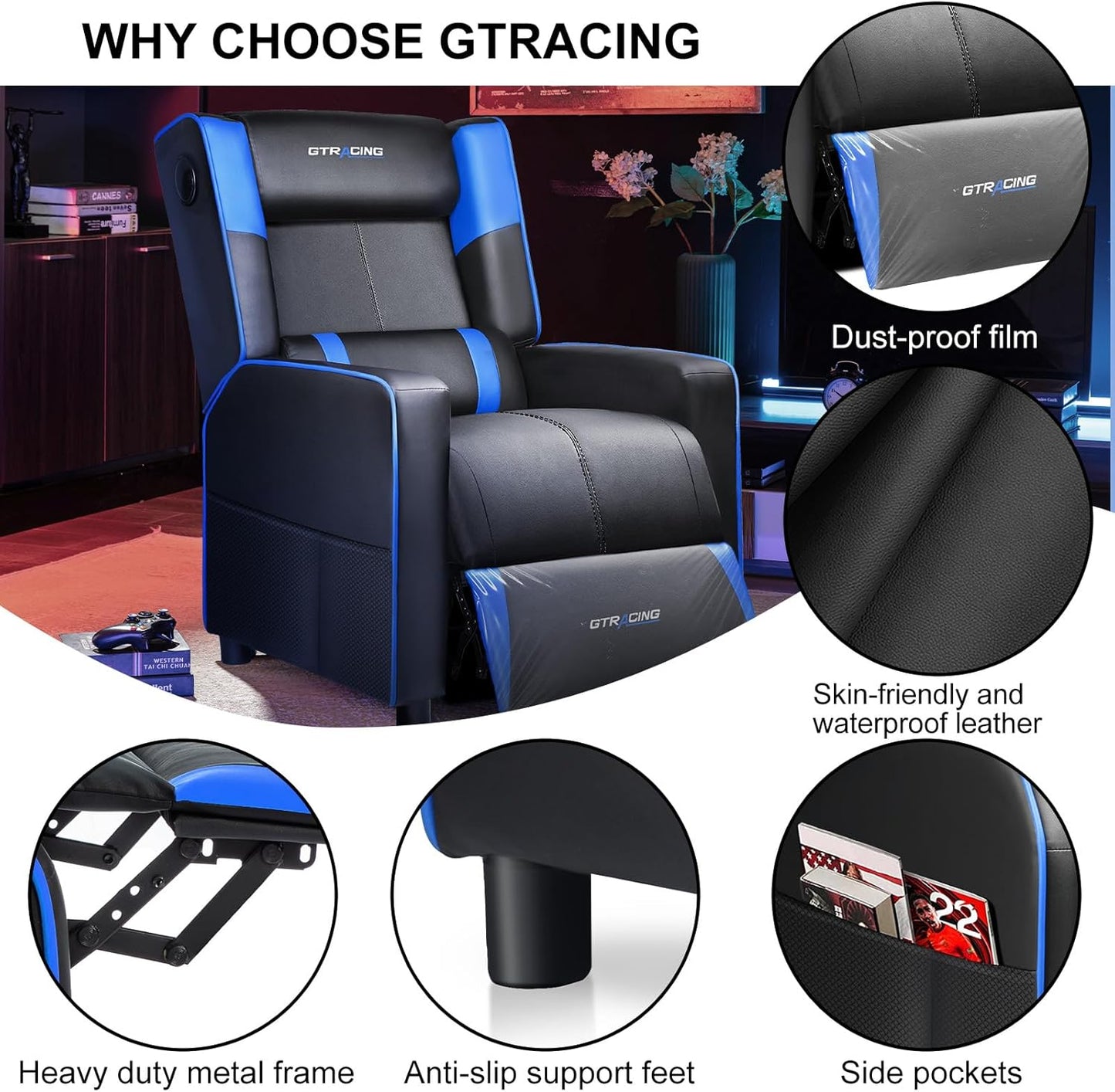 GTRACING Gaming Recliner Chair for Living Room Racing Style Single PU Leather Gaming Sofa for Adults Modern Game Recliners Ergonomic Comfortable Home Theater Seating, Blue