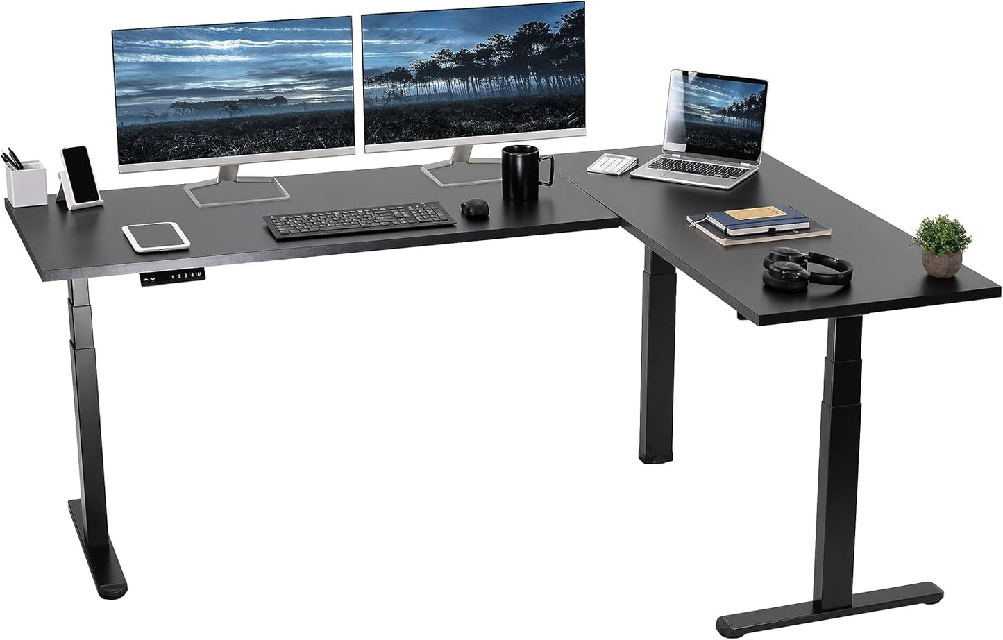VIVO Electric 78 x 55 inch Square Corner Memory L Shaped Stand Up Desk, White Table Top, White Frame, Corner Height Adjustable Workstation, 3E-S Series, DESK-KIT-3E5SW