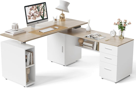 FEZIBO Electric Height Adjustable Stand up Desk for Home Office, 63" L Shaped Executive Standing Desk with 3-Drawer File Cabinet, Computer Desk with Storage Cabinets, White Frame/Light Walnut Top