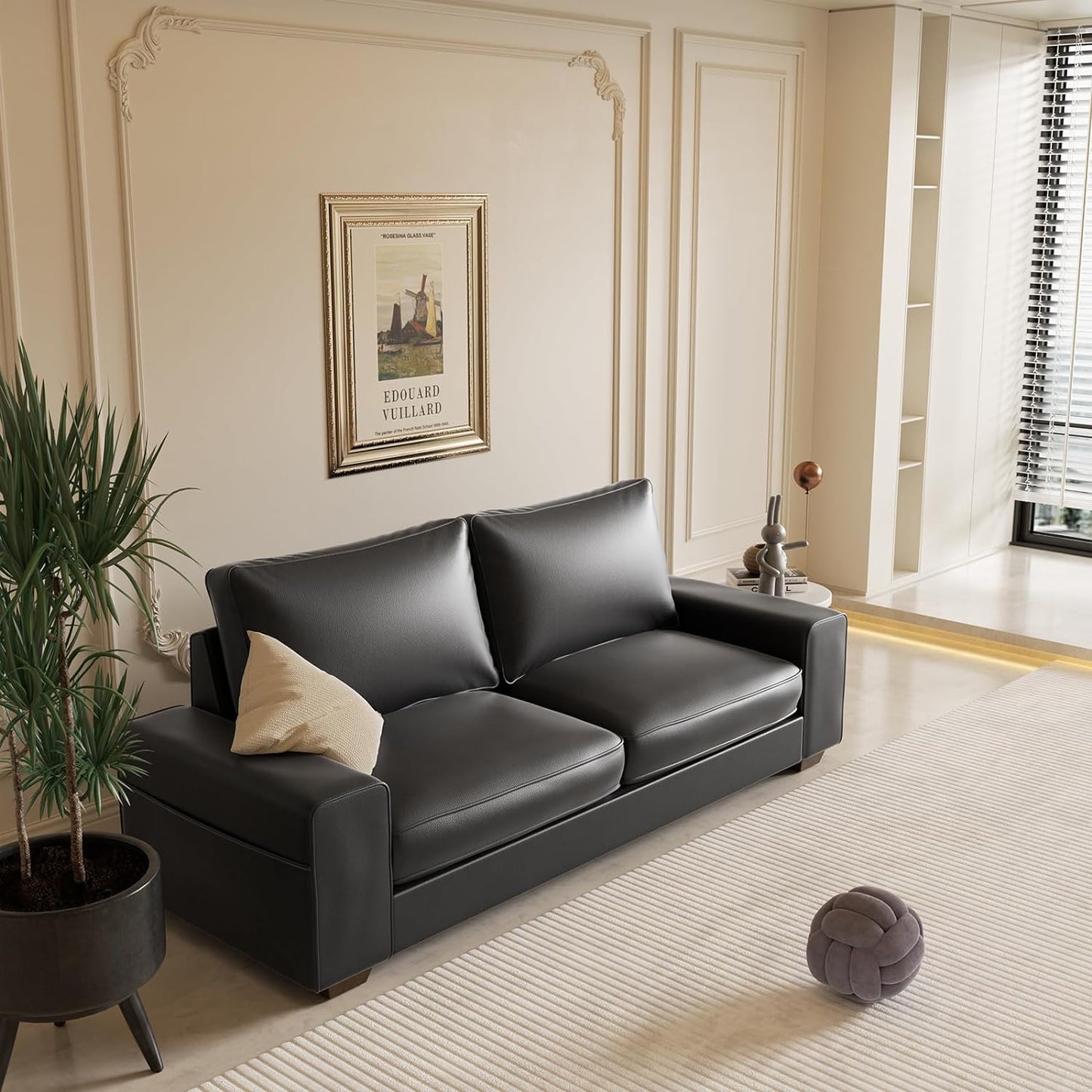Faux Leather Couch, Mid Century Modern Comfy Loveseat Sofa with Wide Arm, Side Pockets, Solid Wooden Frame for Office, Living Room and Bedroom, 2 Seater (Black, 71.25 Inches)