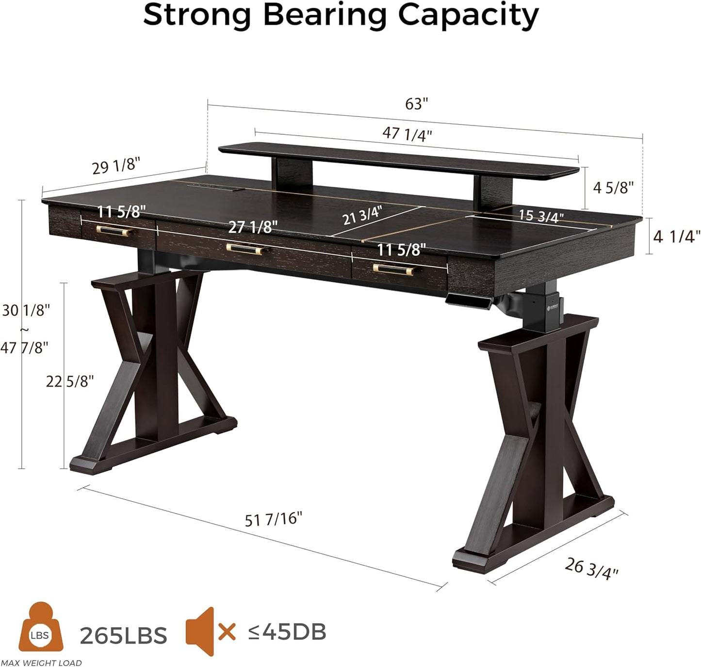 EUREKA ERGONOMIC Standing Desk, 63 inch Executive Desk w Drawers,Modern X-Shaped Leg Luxury Home Office Computer Desk w Monitor Stand,Smoked Oak