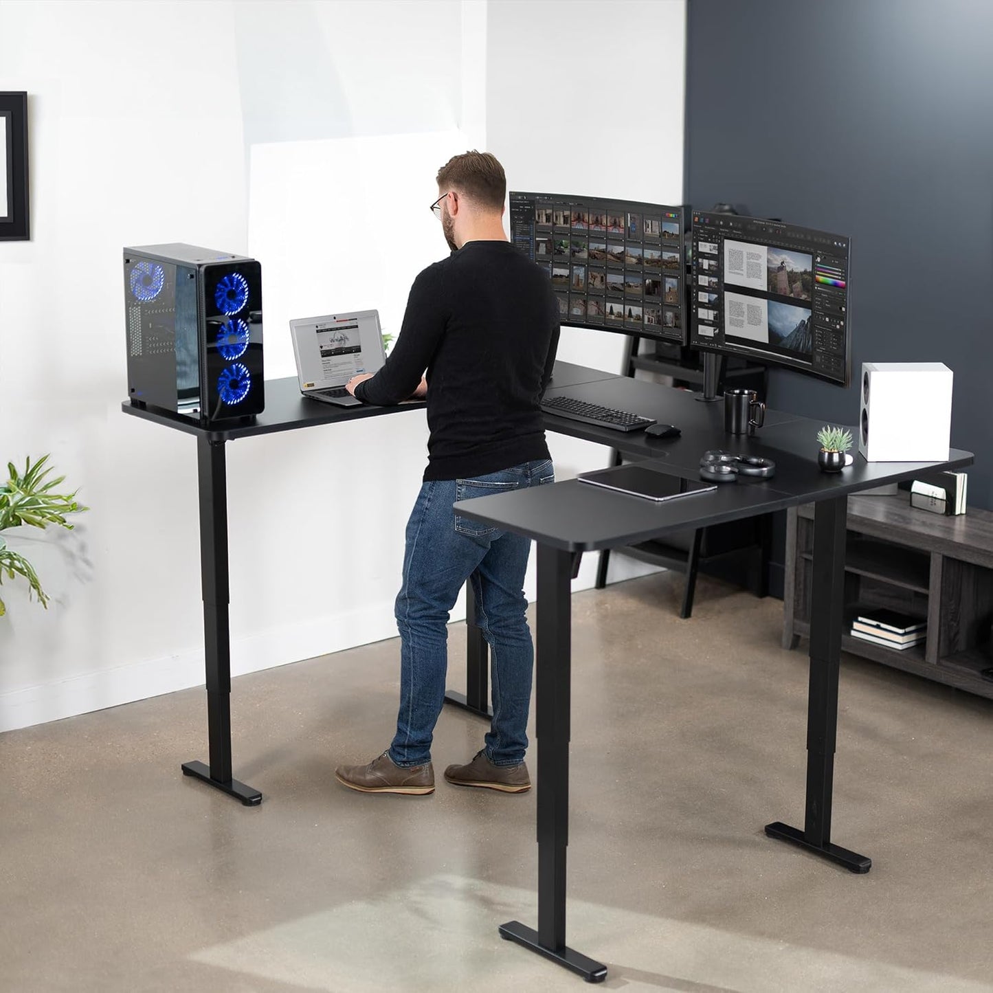 VIVO Large U-Shaped 83 x 60 in Electric Standing Desk, Memory Height Adjustment, Black Top Black Frame, DESK-E4UBB