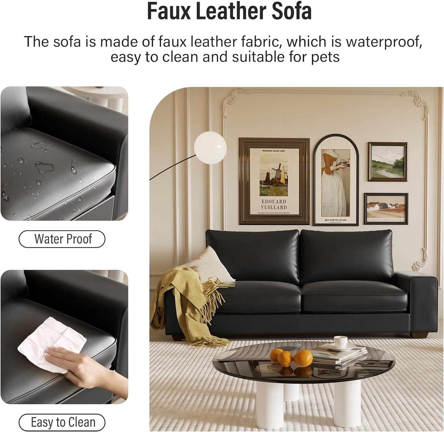 Faux Leather Couch, Mid Century Modern Comfy Loveseat Sofa with Wide Arm, Side Pockets, Solid Wooden Frame for Office, Living Room and Bedroom, 2 Seater (Black, 71.25 Inches)