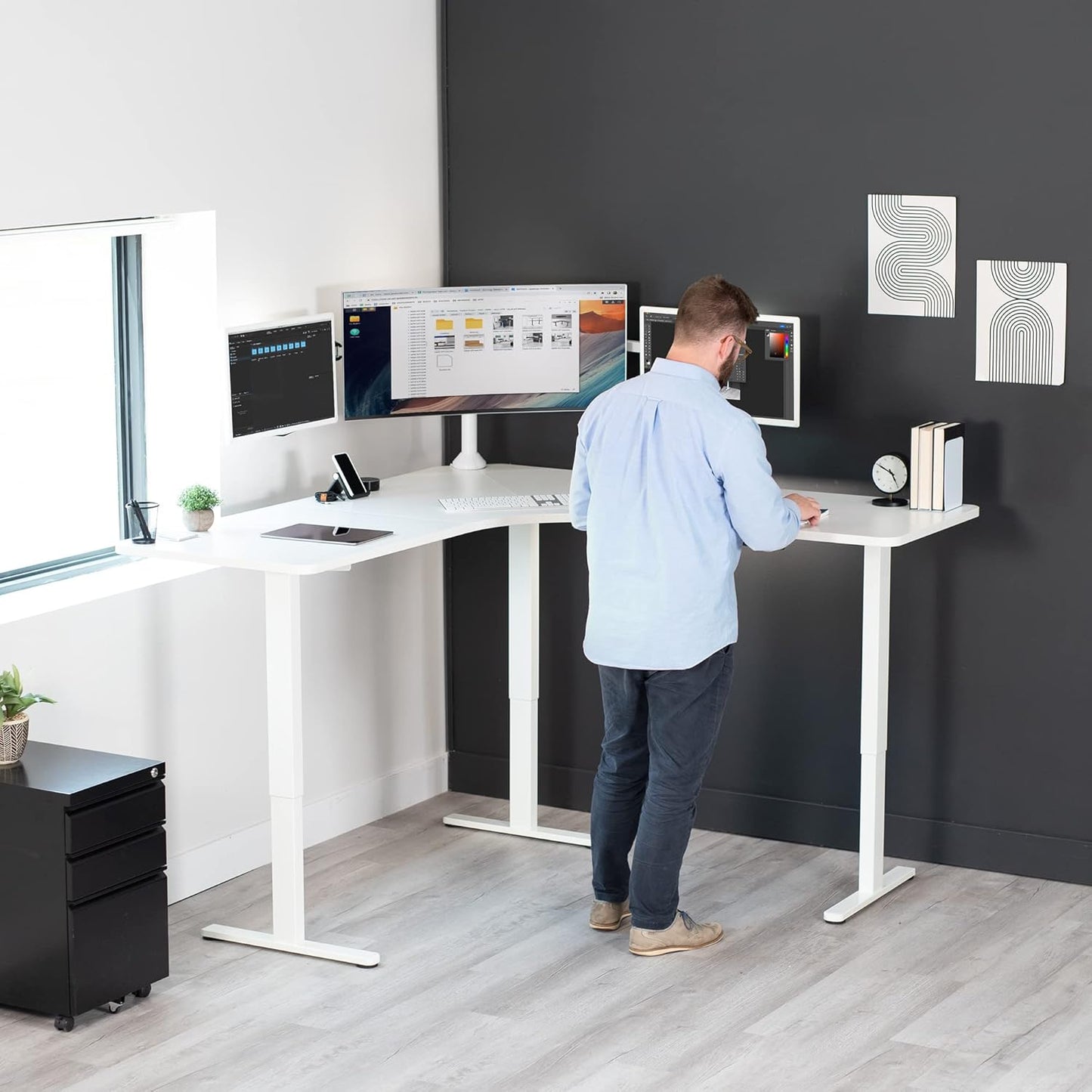 VIVO Electric Height Adjustable 71 x 71 inch Curved Corner Stand Up Desk, White Table Top, White Frame, Memory Controller, L-Shaped Workstation, E3C Series, DESK-KIT-E3CWW