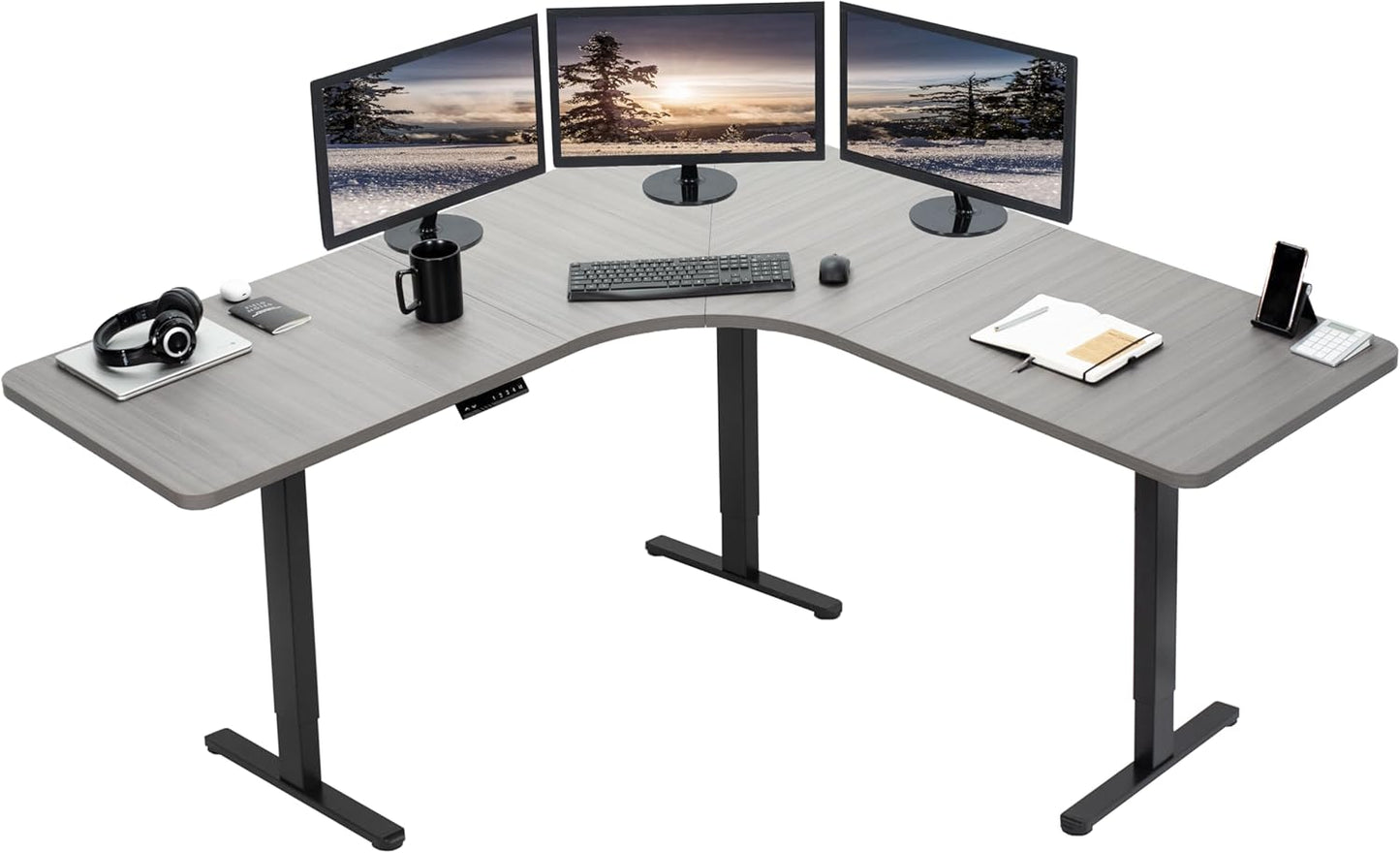 VIVO Electric Height Adjustable 71 x 71 inch Curved Corner Stand Up Desk, White Table Top, White Frame, Memory Controller, L-Shaped Workstation, E3C Series, DESK-KIT-E3CWW