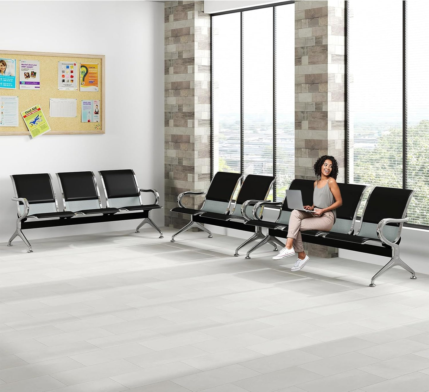 Kinfant 5-Seat Waiting Room Chairs Sofa Furniture - Office Guest Reception Chair with Armrest for Waiting Room Airport Hospital Bank (Black - PU+Mesh)