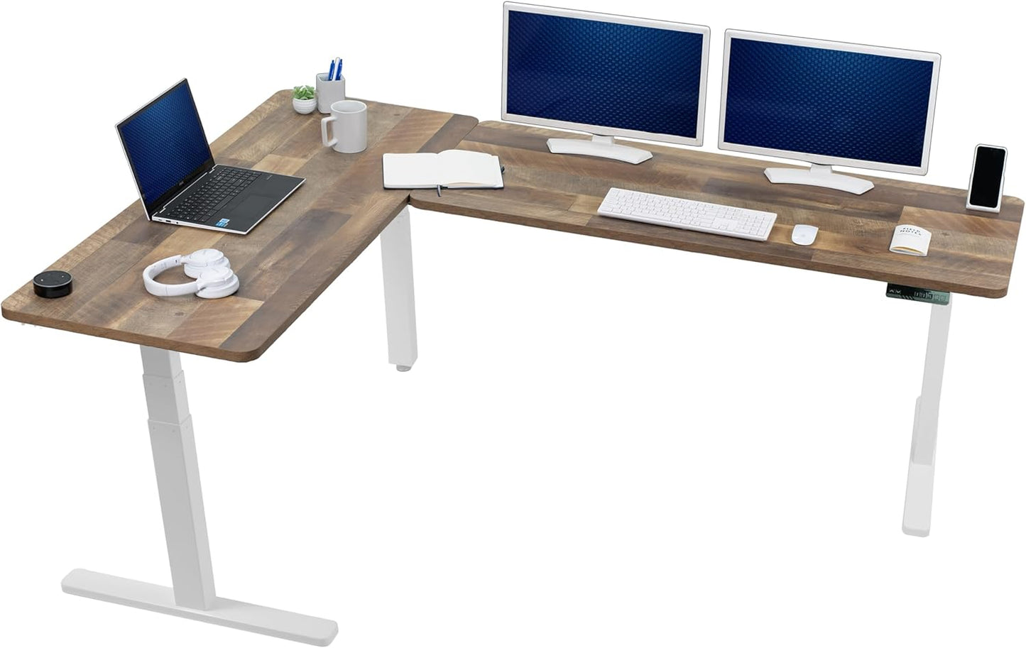 VIVO Electric 78 x 55 inch Square Corner Memory L Shaped Stand Up Desk, White Table Top, White Frame, Corner Height Adjustable Workstation, 3E-S Series, DESK-KIT-3E5SW