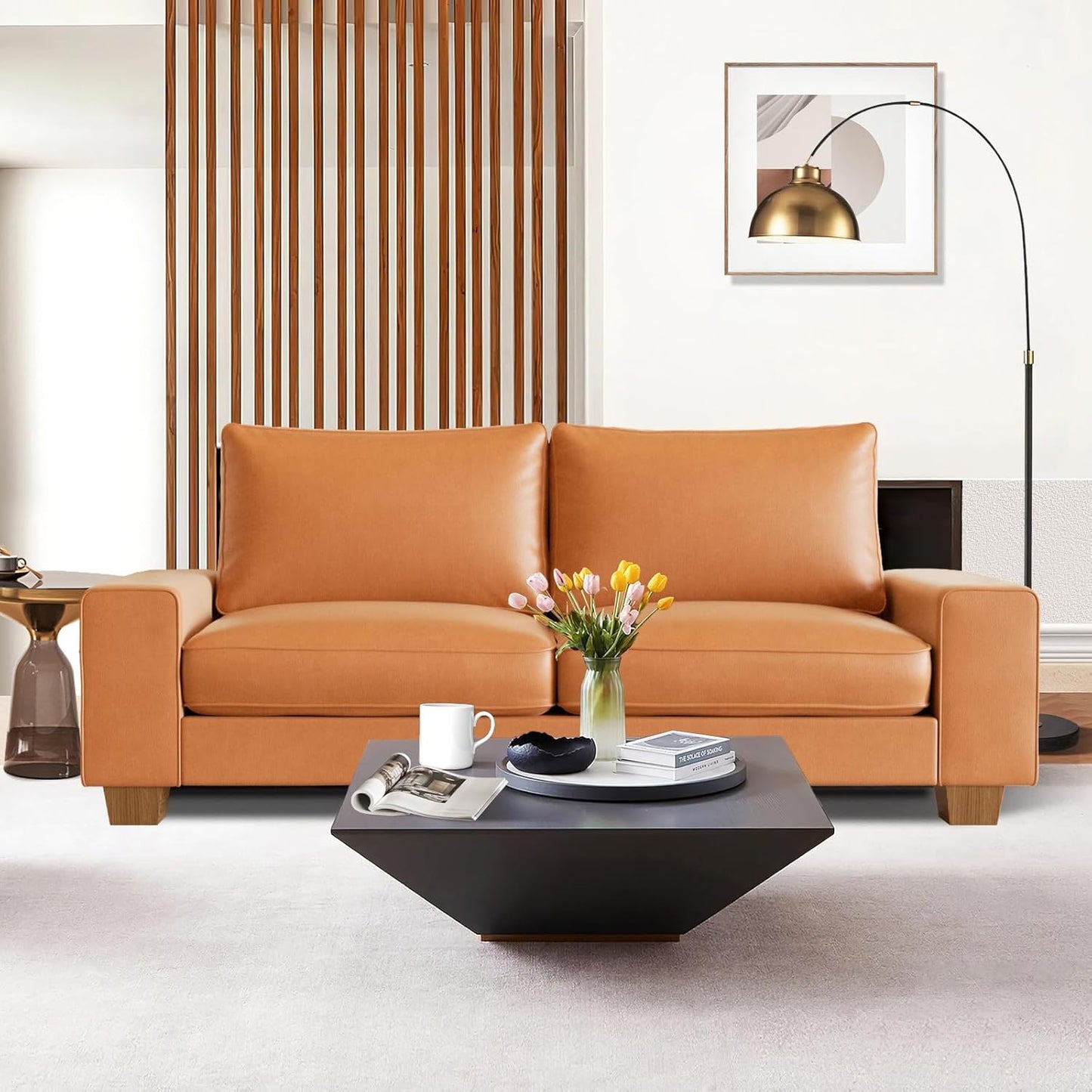 Faux Leather Couch, Mid Century Modern Comfy Loveseat Sofa with Wide Arm, Side Pockets, Solid Wooden Frame for Office, Living Room and Bedroom, 2 Seater (Black, 71.25 Inches)