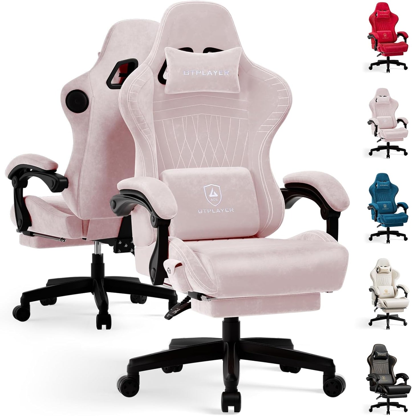 GTPLAYER Gaming Chair with Speakers, Video Game Chairs with Footrest, PC Gamer Chairs for Adults - Padded High Back Ergonomic Reclining Silla Gamer, Linkage Armrest, Ace Pro, Pink (Velvet)