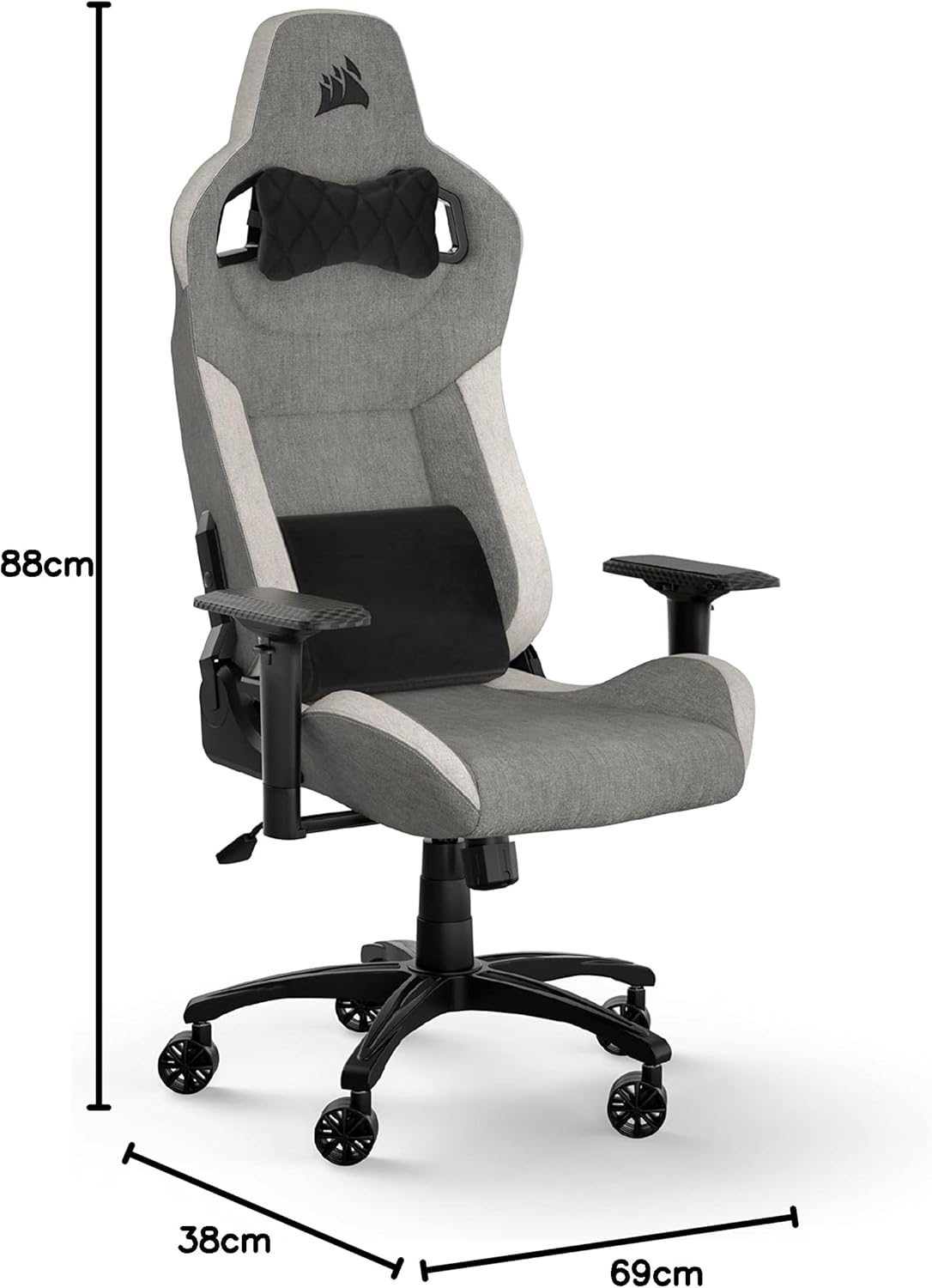 Corsair T3 Rush Fabric Gaming Chair (2023) – Racing-Inspired Design – Soft Fabric Exterior – Padded Neck Cushion – Memory Foam Lumbar Support – Adjustable Seat Height – Gray and White