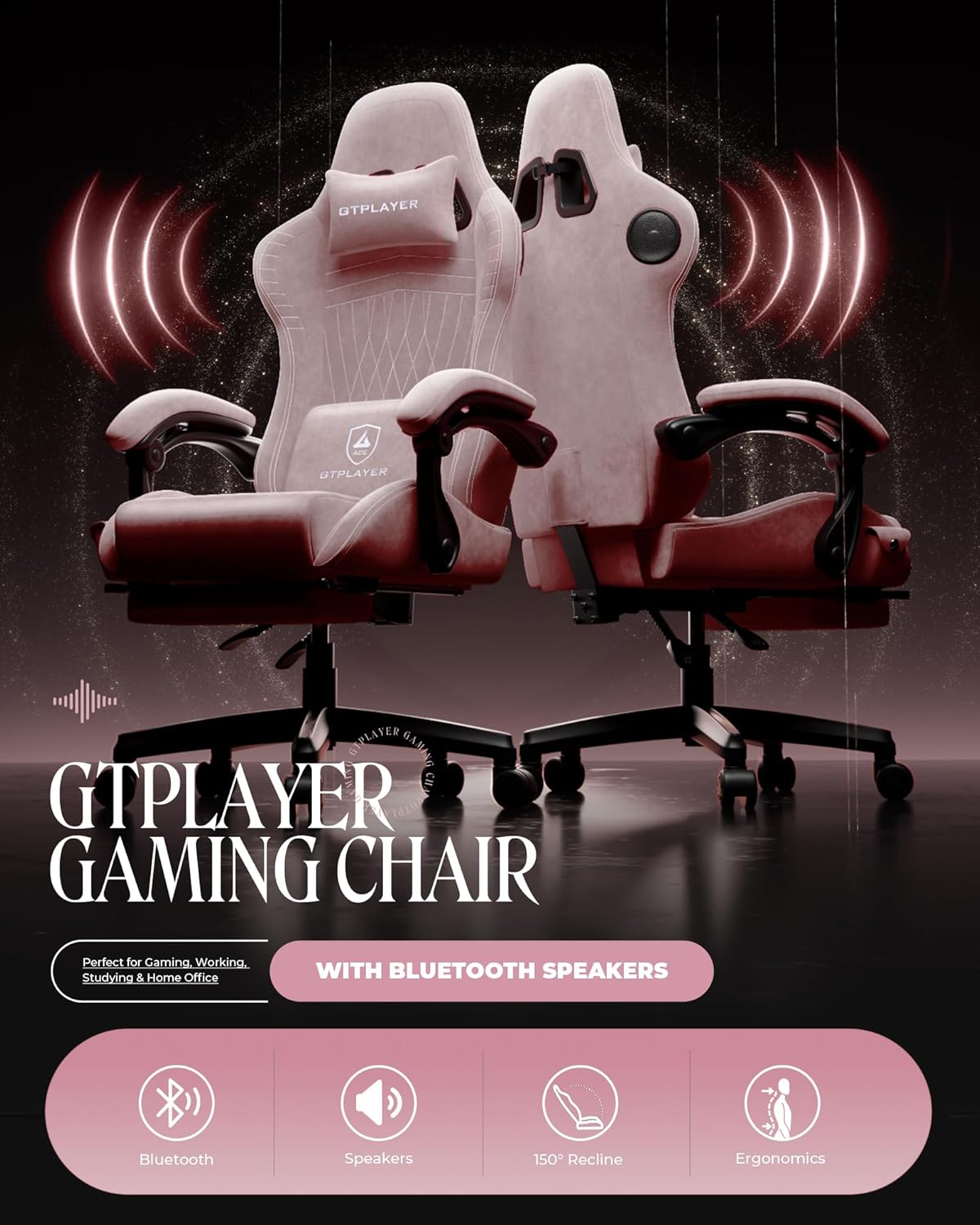 GTPLAYER Gaming Chair with Speakers, Video Game Chairs with Footrest, PC Gamer Chairs for Adults - Padded High Back Ergonomic Reclining Silla Gamer, Linkage Armrest, Ace Pro, Pink (Velvet)