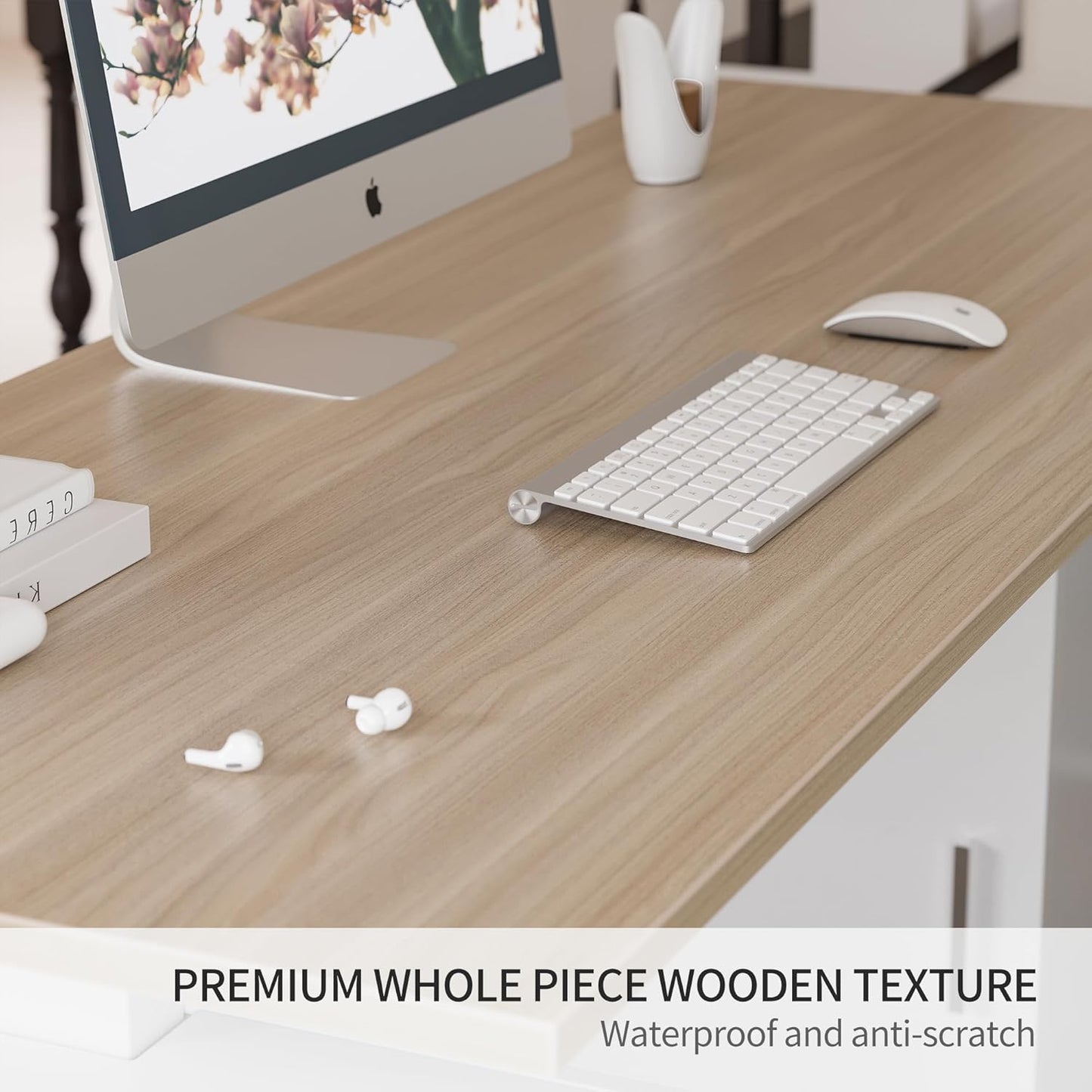 FEZIBO Electric Height Adjustable Stand up Desk for Home Office, 63" L Shaped Executive Standing Desk with 3-Drawer File Cabinet, Computer Desk with Storage Cabinets, White Frame/Light Walnut Top