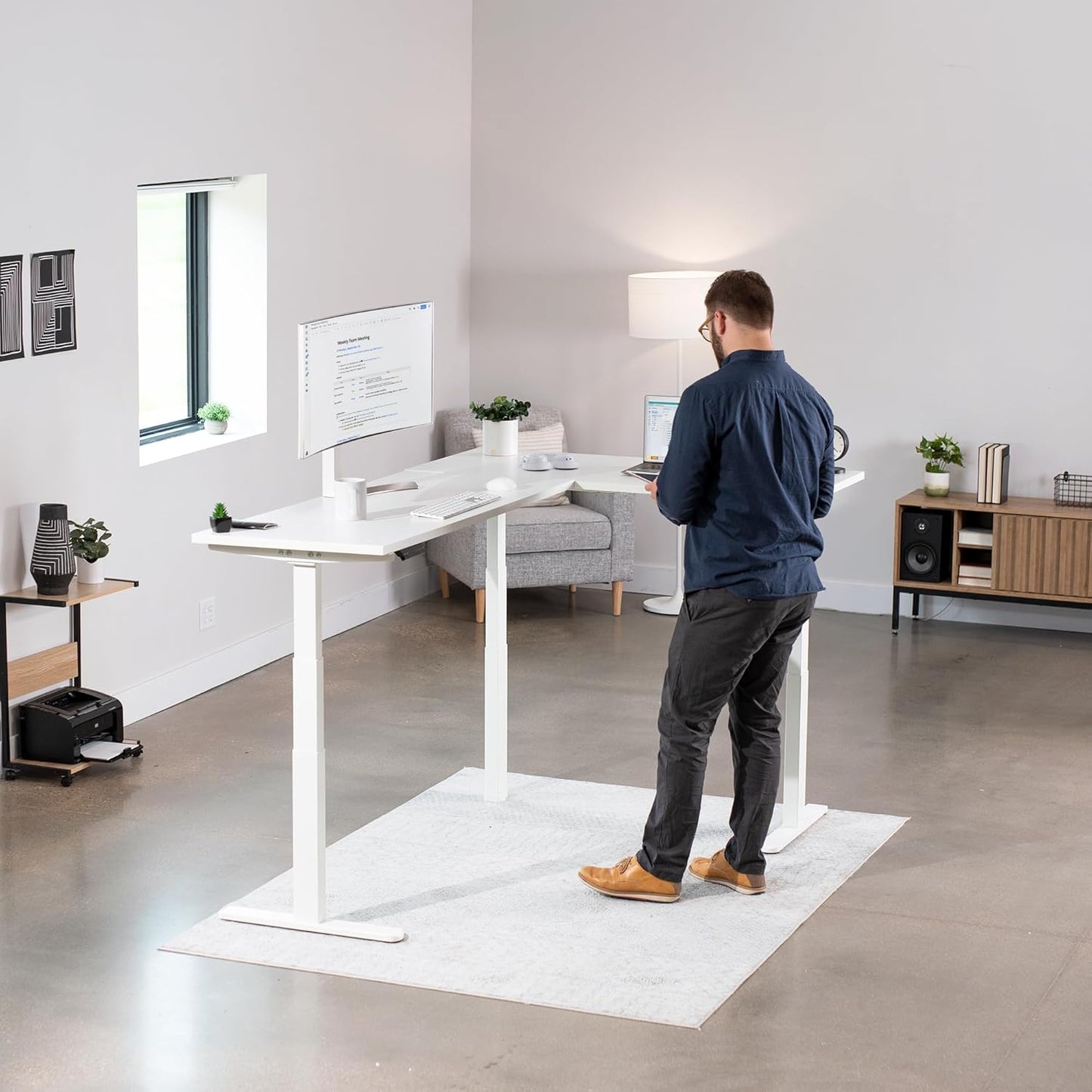 VIVO Electric 78 x 55 inch Square Corner Memory L Shaped Stand Up Desk, White Table Top, White Frame, Corner Height Adjustable Workstation, 3E-S Series, DESK-KIT-3E5SW