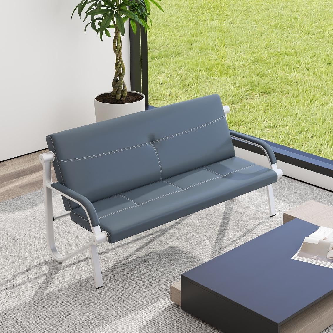 Kinsuite 3-Seat Office Reception Waiting Room Chairs - Guest & Reception Chairs for Salon Barber Bench Airport Bank Hall Visitor Guest Black PU Leather Office Sofa, Black