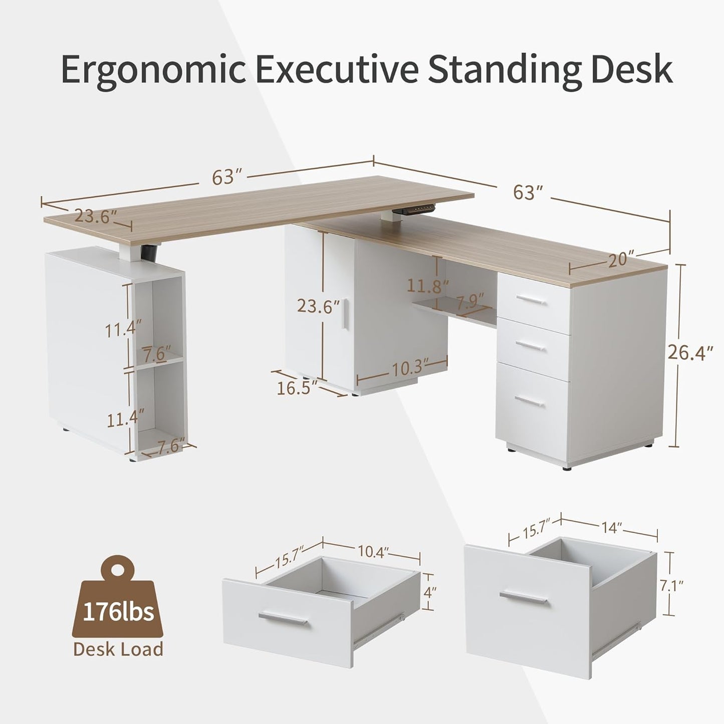 FEZIBO Electric Height Adjustable Stand up Desk for Home Office, 63" L Shaped Executive Standing Desk with 3-Drawer File Cabinet, Computer Desk with Storage Cabinets, White Frame/Light Walnut Top
