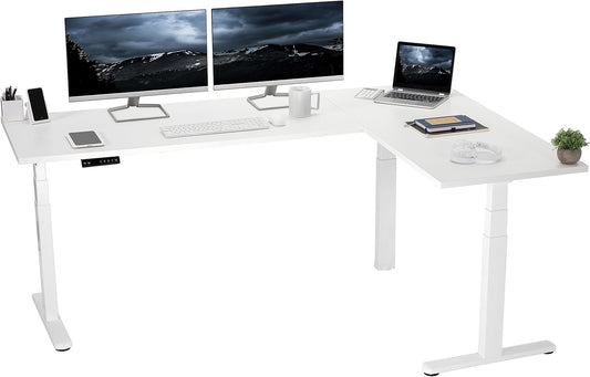 VIVO Electric 78 x 55 inch Square Corner Memory L Shaped Stand Up Desk, White Table Top, White Frame, Corner Height Adjustable Workstation, 3E-S Series, DESK-KIT-3E5SW