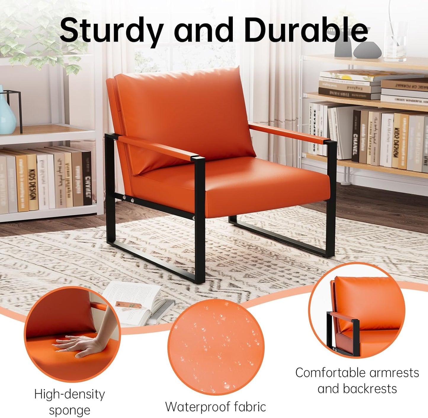 Recaceik Modern Accent Chair Set of 2, Arm Chairs Faux PU Leather Single Large Upholstered Sofa Chair,Ergonomic Lounge Living Room Chair for Bedroom Waiting Room Office Apartment Small Space,Orange