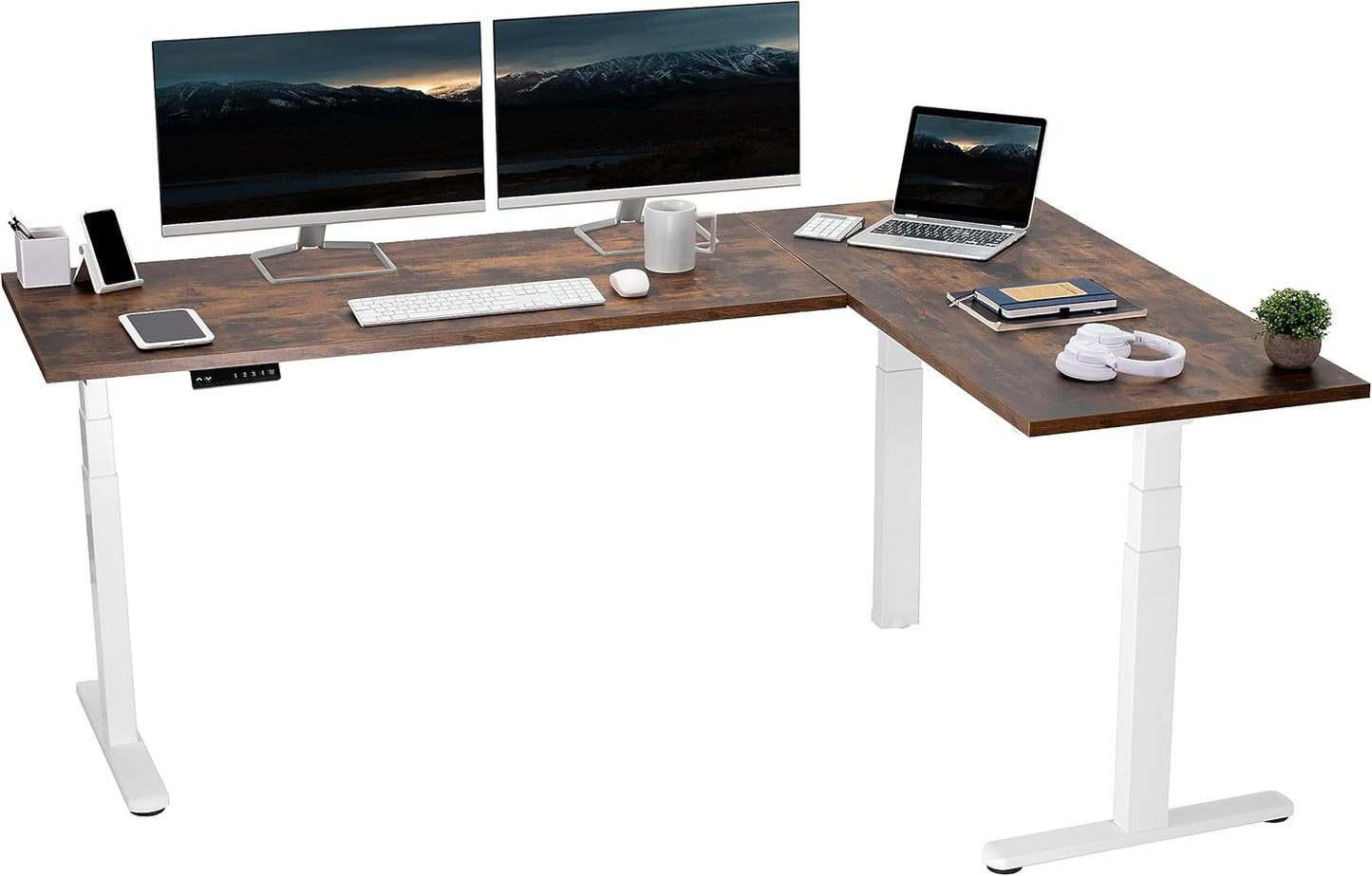 VIVO Electric 78 x 55 inch Square Corner Memory L Shaped Stand Up Desk, White Table Top, White Frame, Corner Height Adjustable Workstation, 3E-S Series, DESK-KIT-3E5SW