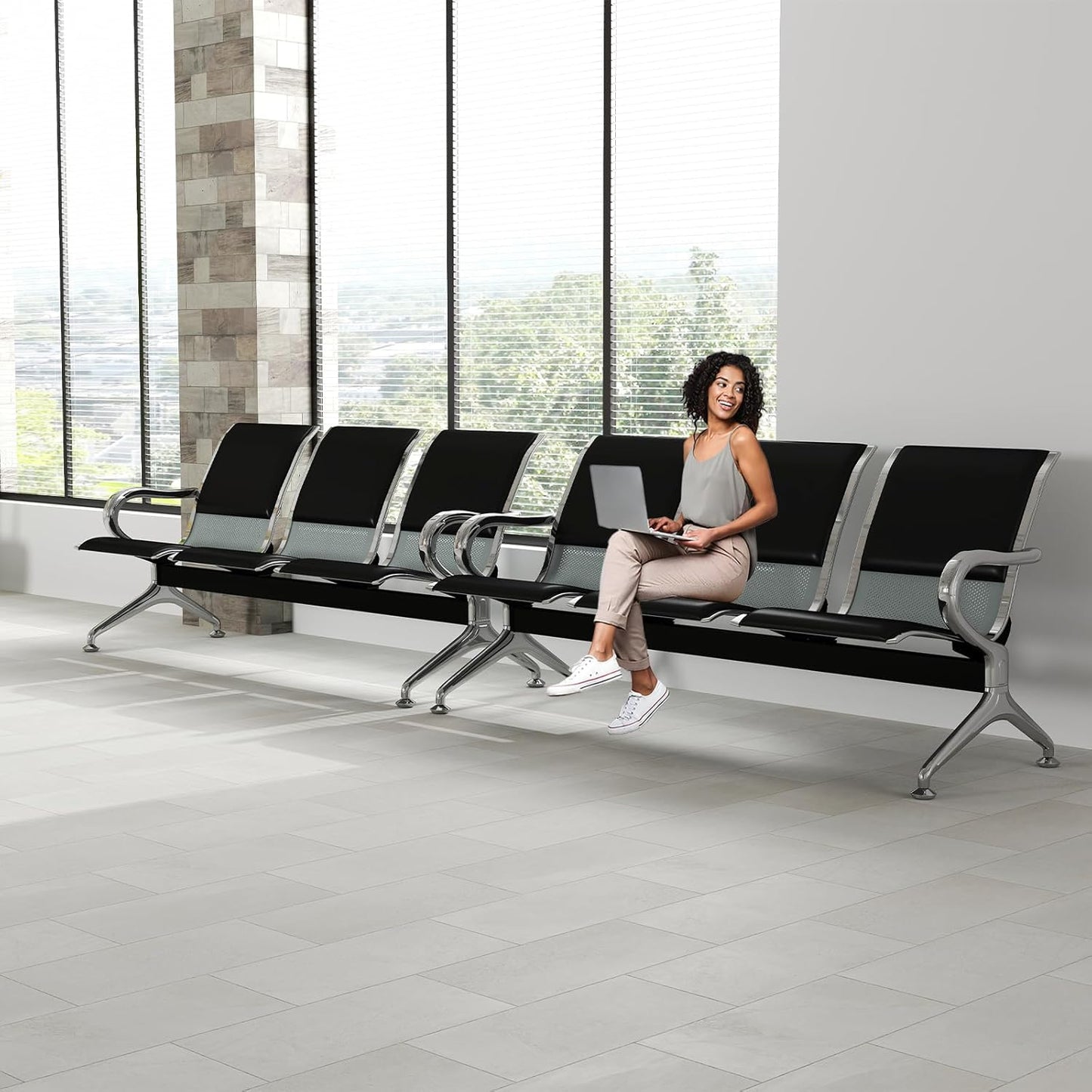 Kinfant 5-Seat Waiting Room Chairs Sofa Furniture - Office Guest Reception Chair with Armrest for Waiting Room Airport Hospital Bank (Black - PU+Mesh)