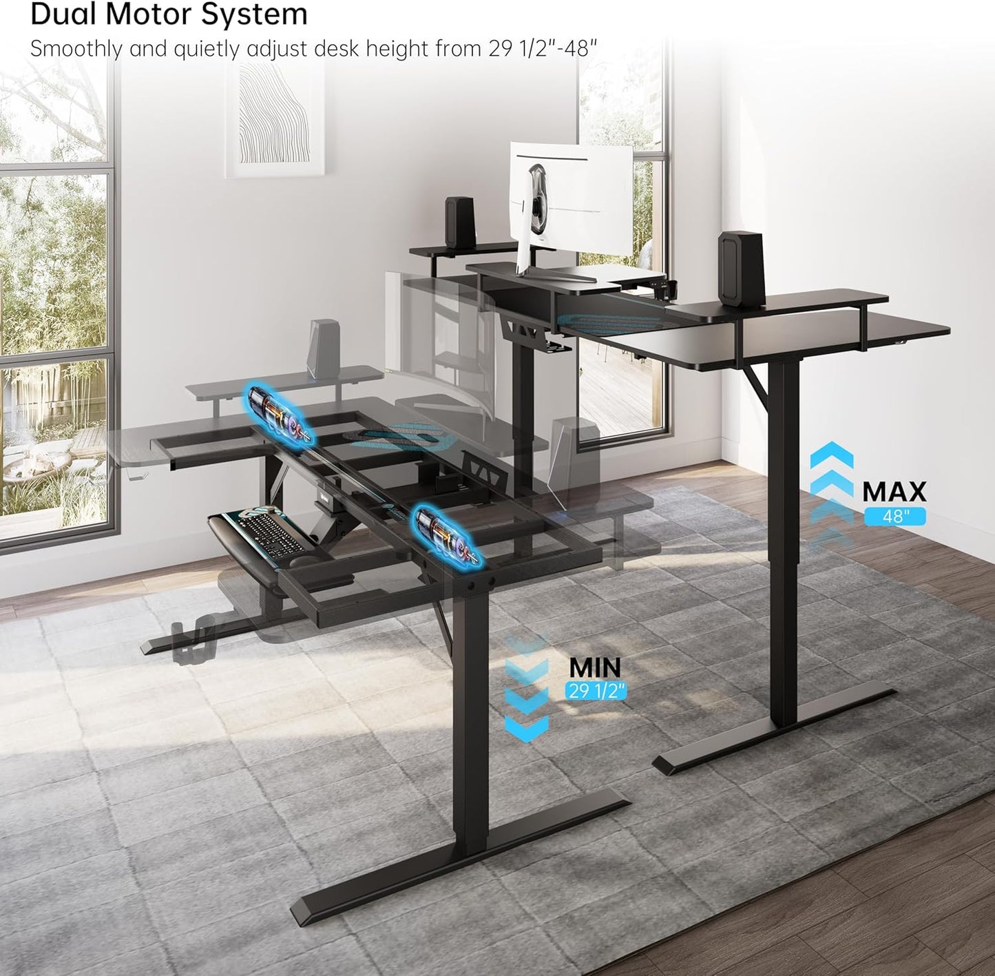 EUREKA ERGONOMIC Standing Desk with Keyboard Tray,U-Shaped 74 Inch Large Gaming Desk,Electric Height Adjustable Music Studio Desk w LED Convertible Shelves