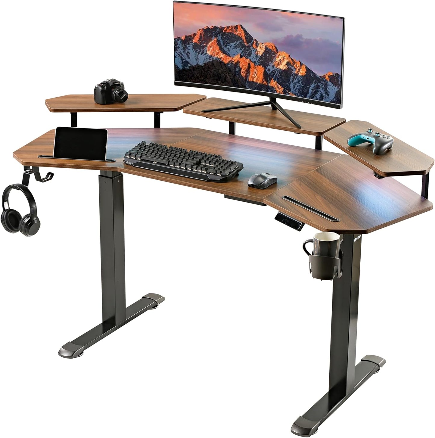 EUREKA ERGONOMIC Standing Gaming Desk with Dual Motor,63" Wing Shaped Computer Desk w Mouse Pad, Electric Adjustable Height Table w LED Monitor Stands,Slot Design,Walnut
