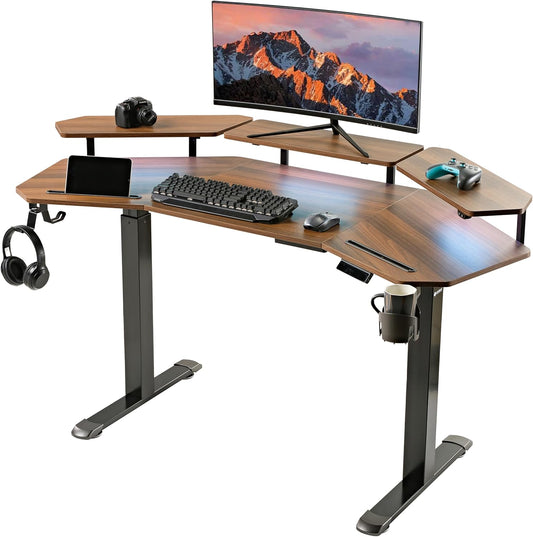 EUREKA ERGONOMIC Standing Gaming Desk with Dual Motor,63" Wing Shaped Computer Desk w Mouse Pad, Electric Adjustable Height Table w LED Monitor Stands,Slot Design,Walnut