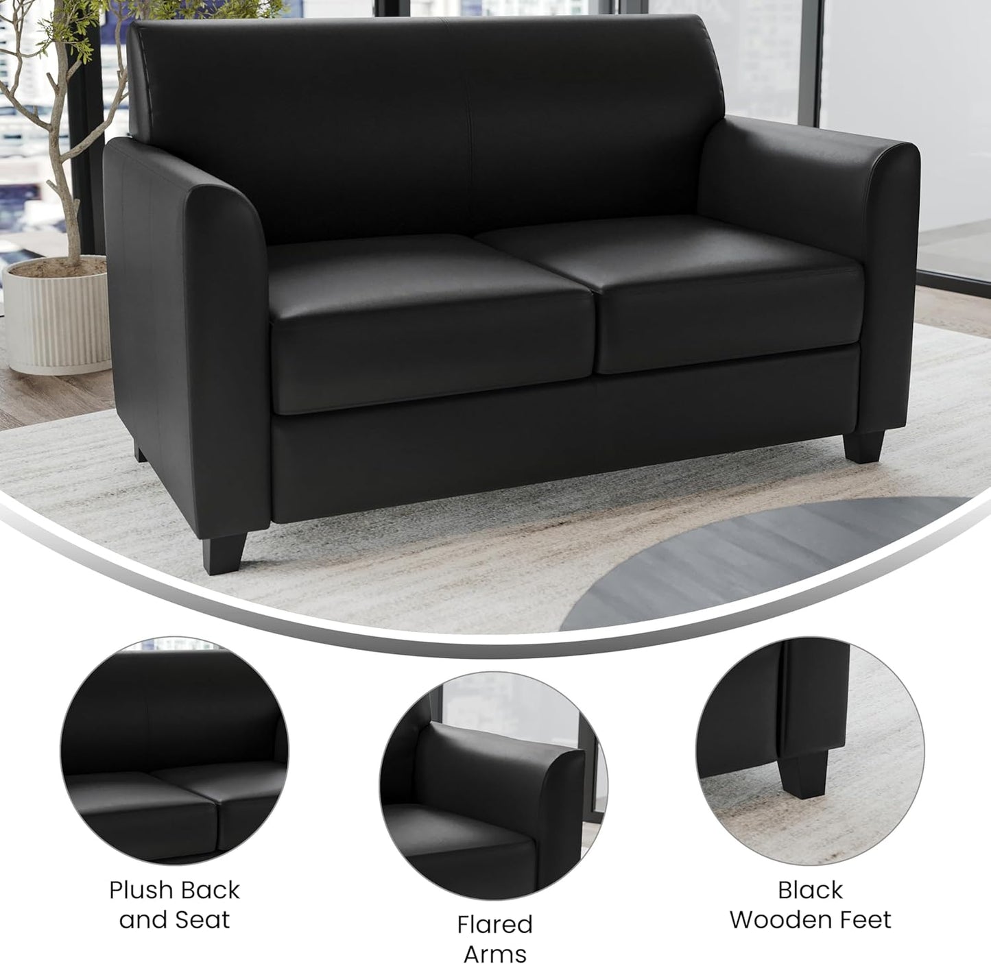 Flash Furniture Hercules Diplomat Series LeatherSoft Upholstered Loveseat, Modern Small Sofa for Living Room or Office, Black