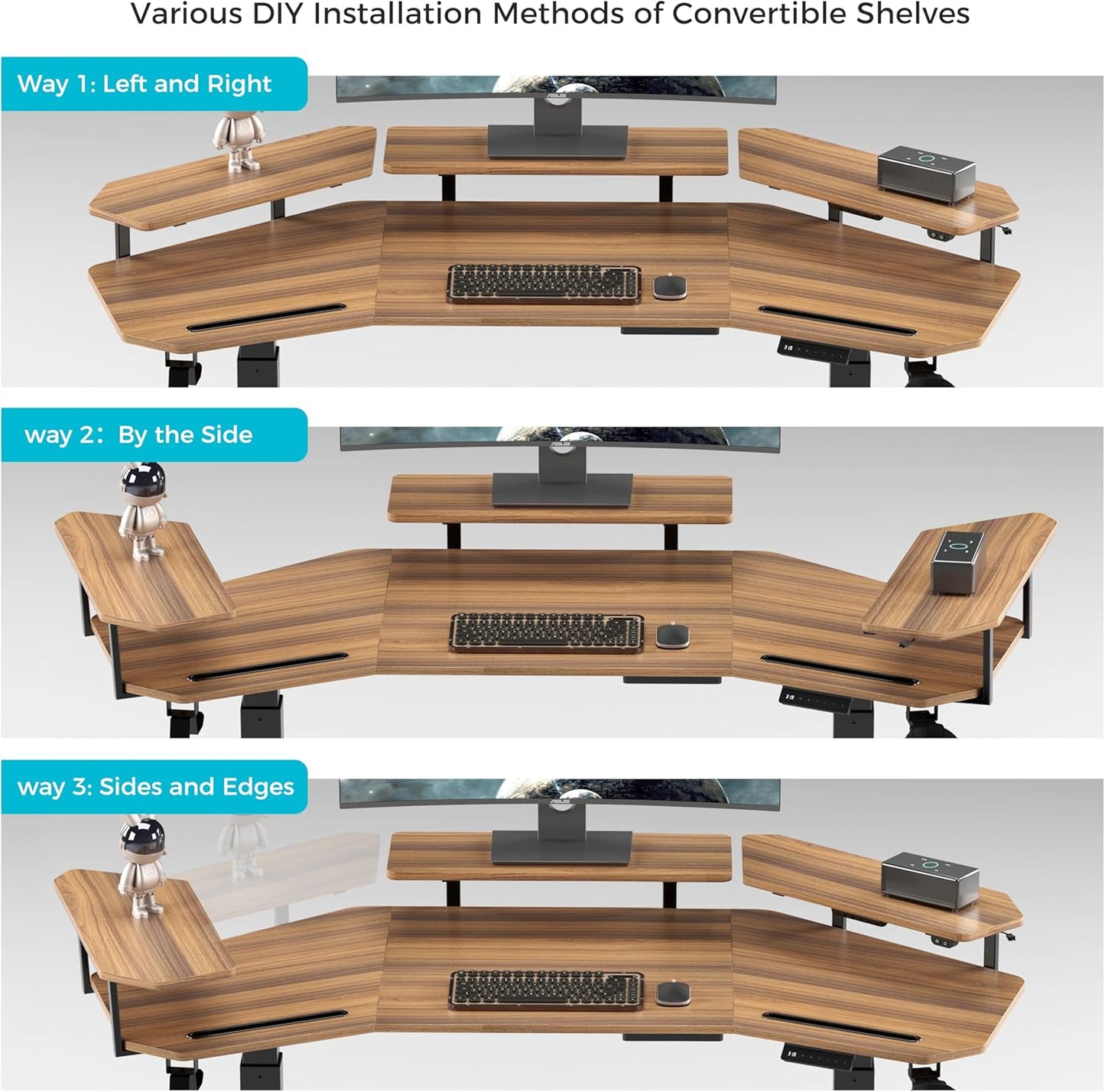 EUREKA ERGONOMIC Standing Gaming Desk with Dual Motor,63" Wing Shaped Computer Desk w Mouse Pad, Electric Adjustable Height Table w LED Monitor Stands,Slot Design,Walnut