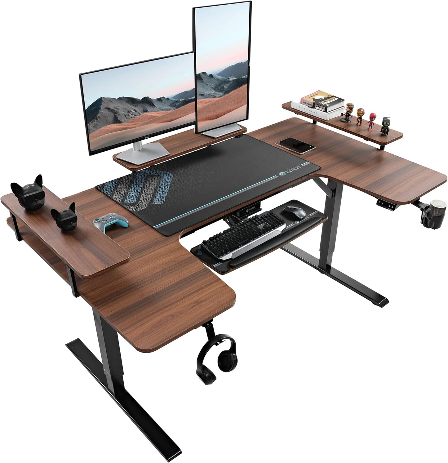 EUREKA ERGONOMIC Standing Desk with Keyboard Tray,U-Shaped 74 Inch Large Gaming Desk,Electric Height Adjustable Music Studio Desk w LED Convertible Shelves