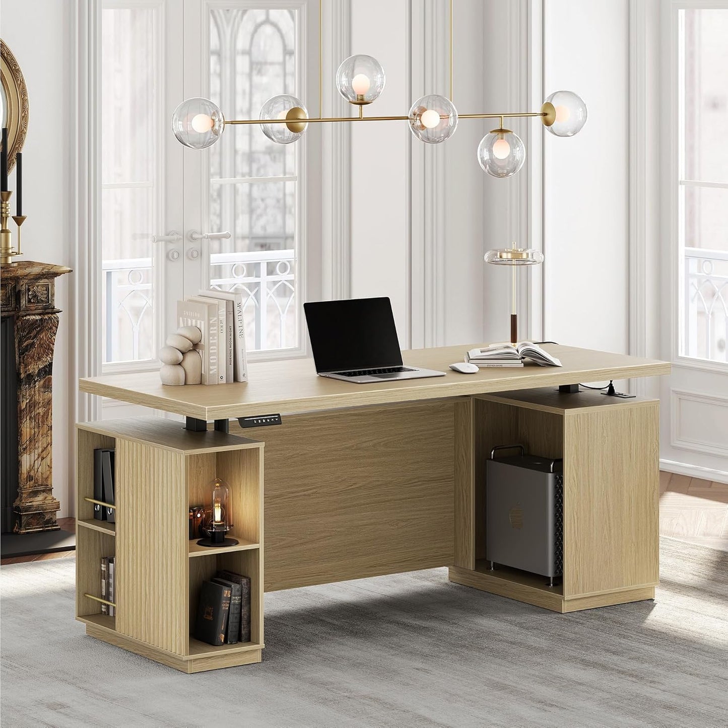 70" Standing Desk with Storage, Executive Electric Height Adjustable Stand Up Desk with AC/USB, Privacy Panel, Large One-Piece Destop, Fluted Computer Desk, Black Walnut