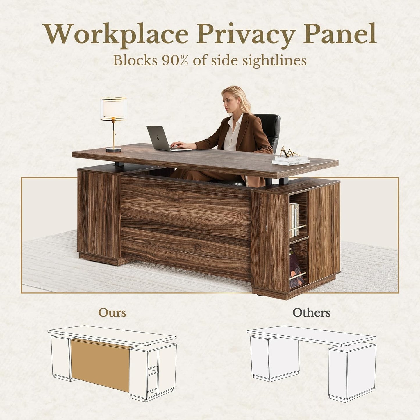 70" Standing Desk with Storage, Executive Electric Height Adjustable Stand Up Desk with AC/USB, Privacy Panel, Large One-Piece Destop, Fluted Computer Desk, Black Walnut