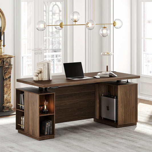 70" Standing Desk with Storage, Executive Electric Height Adjustable Stand Up Desk with AC/USB, Privacy Panel, Large One-Piece Destop, Fluted Computer Desk, Black Walnut