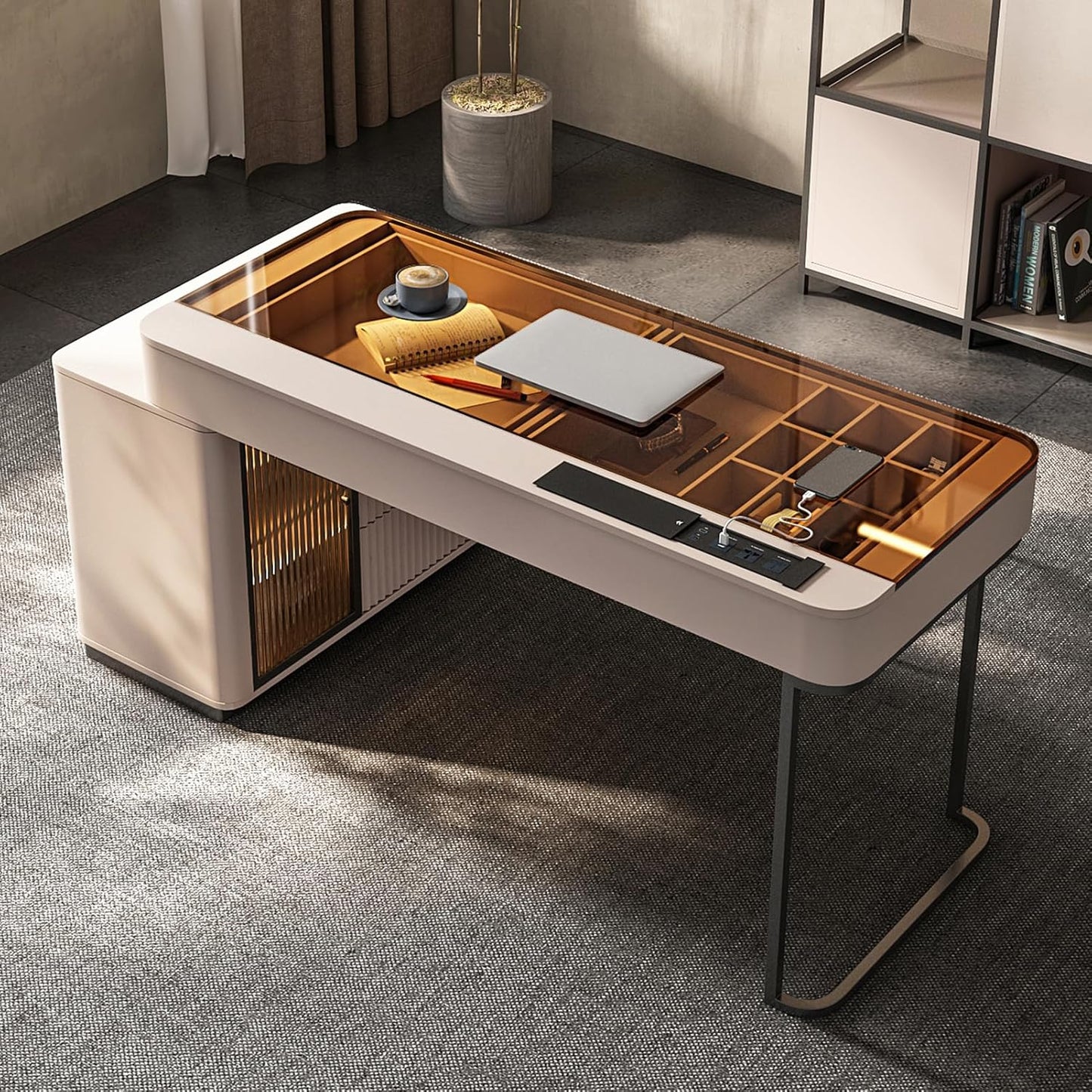Lartis Office Desk, Very Easy to Assemble, Computer Desk, Home Telescopic Writing Desk, Modern Computer Desk with Retractable Cabinet Built-in LED Lights (Black Brown, 47 in)