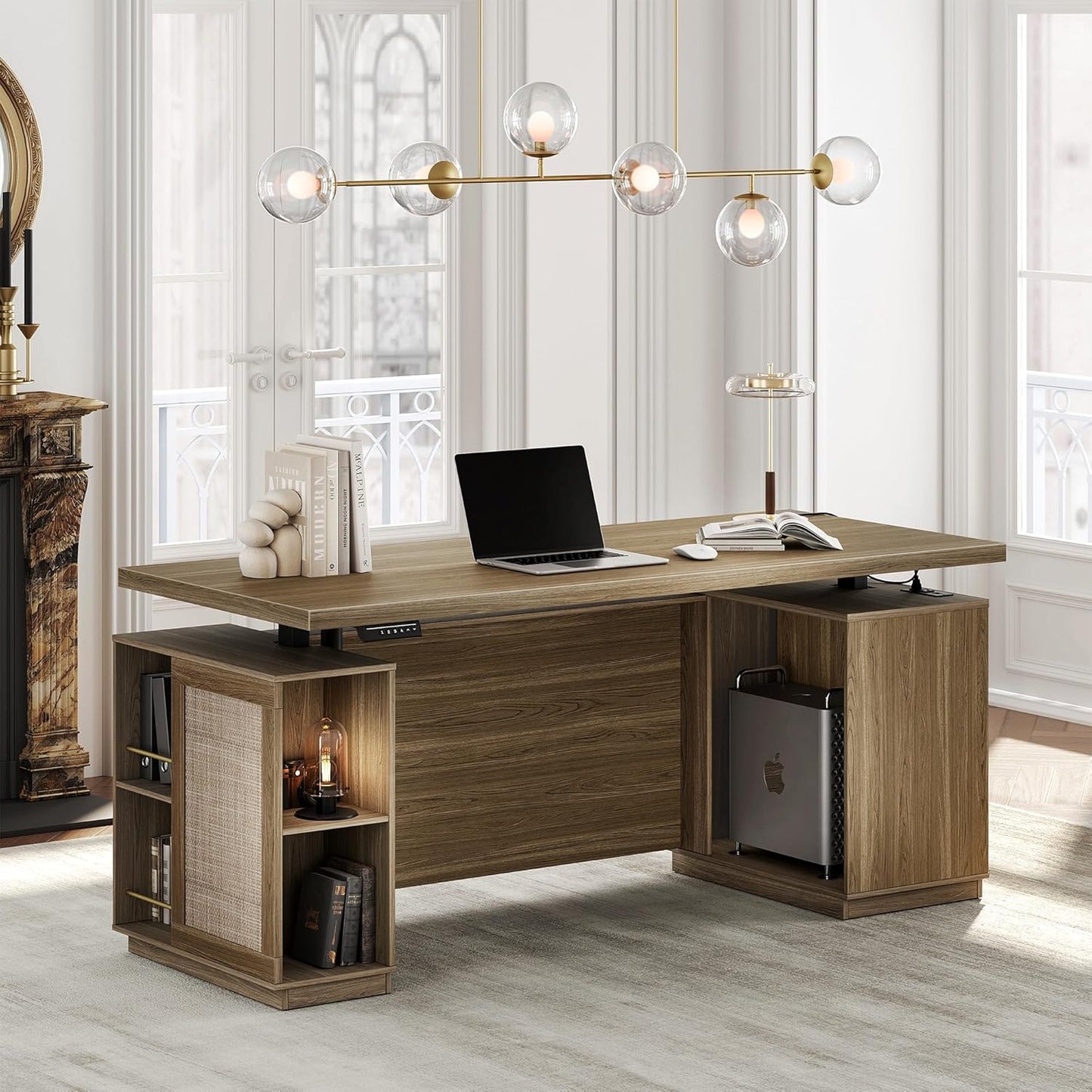 70" Standing Desk with Storage, Executive Electric Height Adjustable Stand Up Desk with AC/USB, Privacy Panel, Large One-Piece Destop, Fluted Computer Desk, Black Walnut