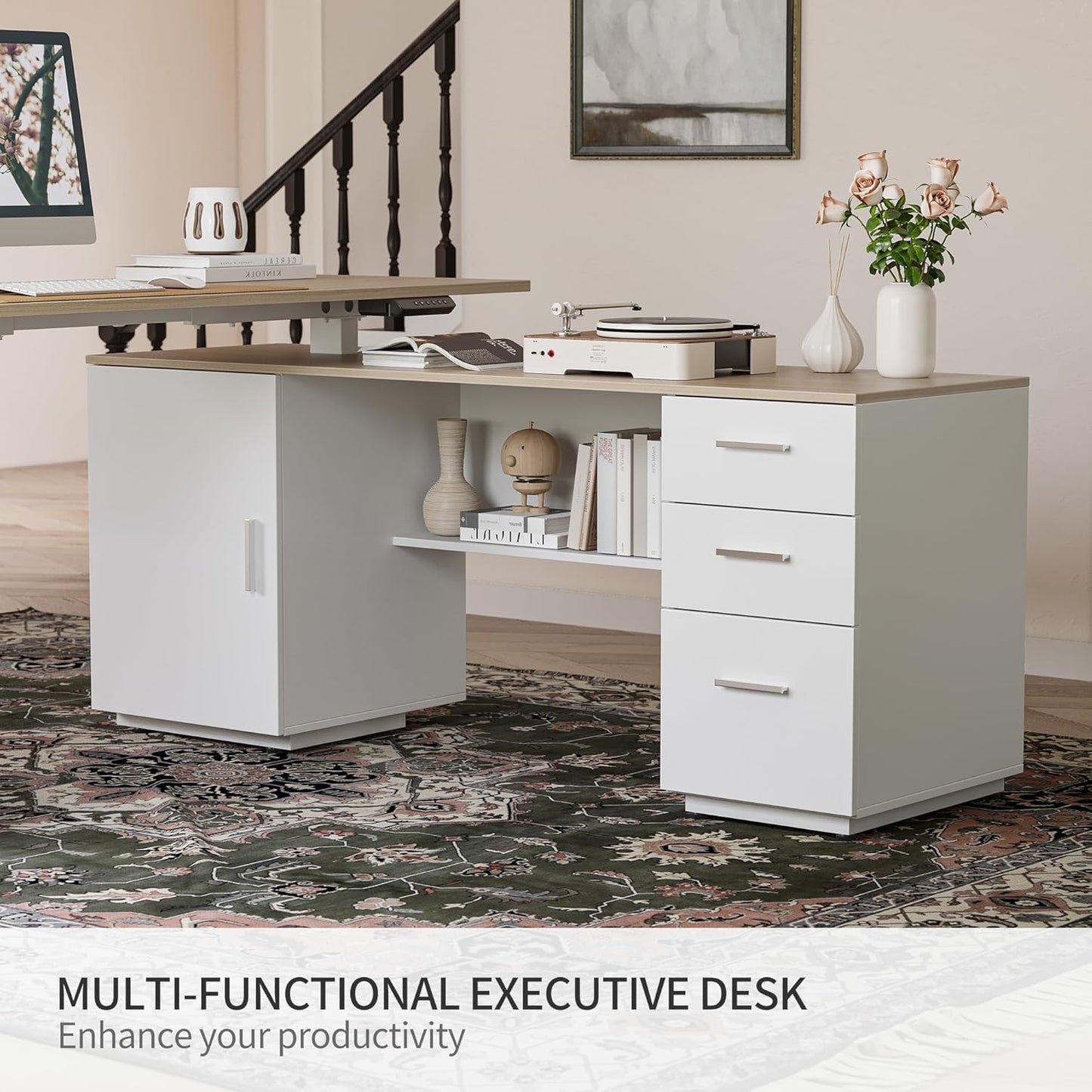 FEZIBO Electric Height Adjustable Stand up Desk for Home Office, 63" L Shaped Executive Standing Desk with 3-Drawer File Cabinet, Computer Desk with Storage Cabinets, White Frame/Light Walnut Top