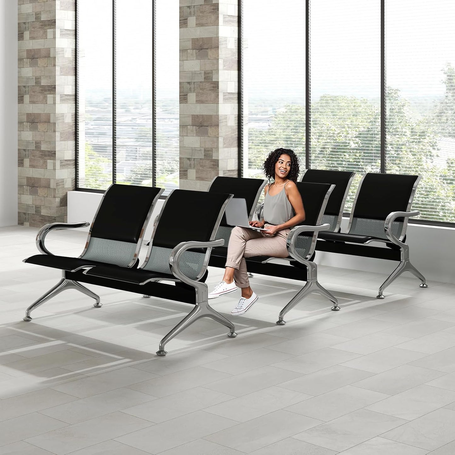 Kinfant 5-Seat Waiting Room Chairs Sofa Furniture - Office Guest Reception Chair with Armrest for Waiting Room Airport Hospital Bank (Black - PU+Mesh)