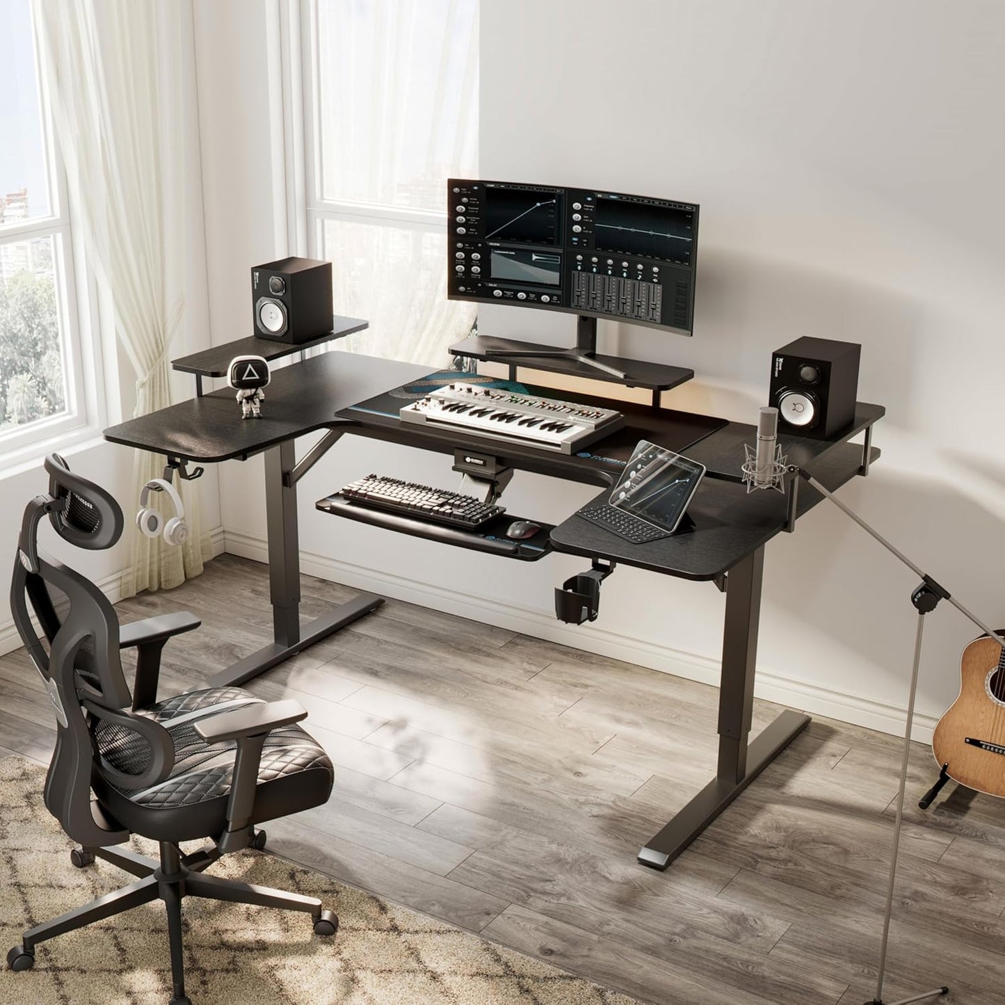 EUREKA ERGONOMIC Standing Desk with Keyboard Tray,U-Shaped 74 Inch Large Gaming Desk,Electric Height Adjustable Music Studio Desk w LED Convertible Shelves