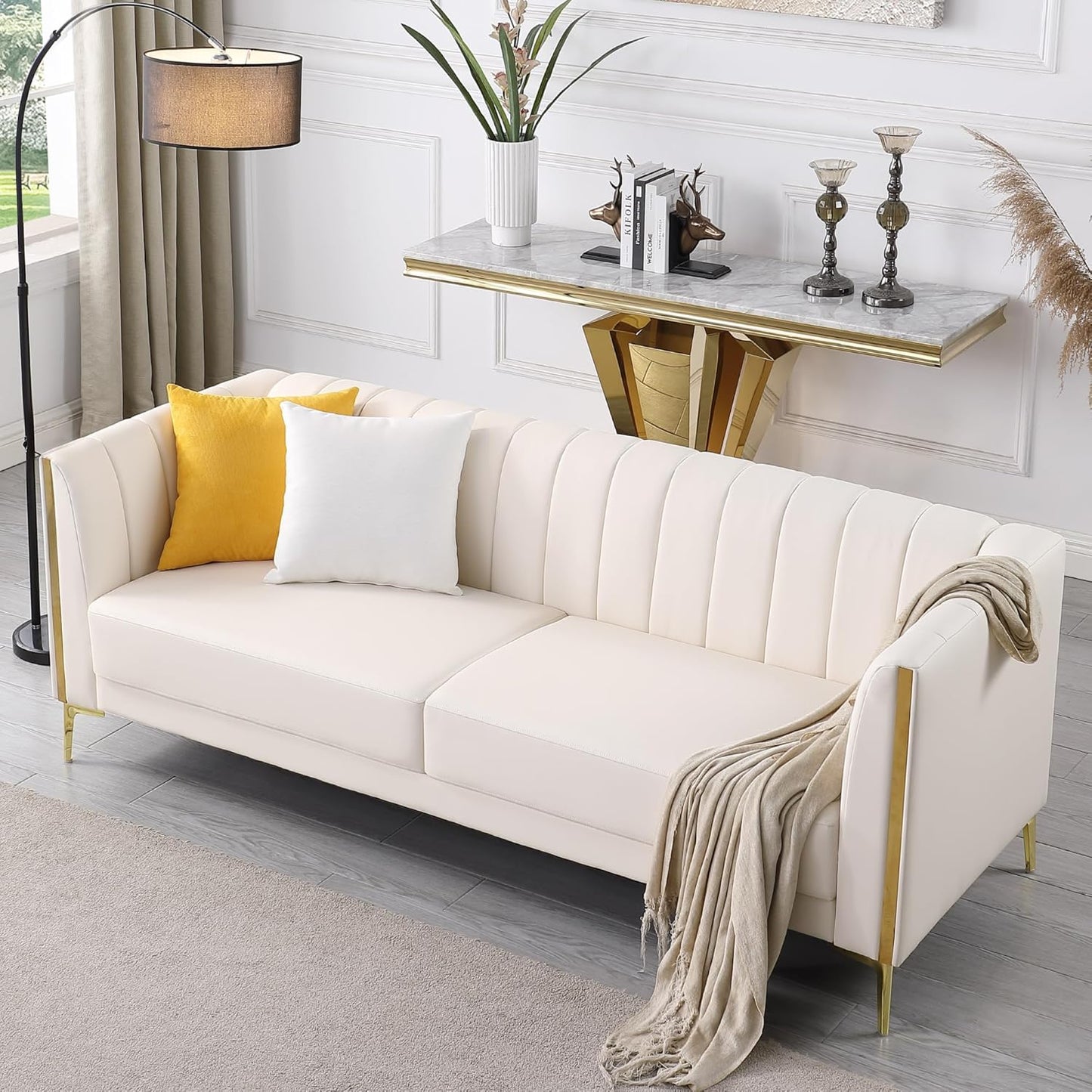 FOTOSOK 78'' Sofa, Black Couches for Living Room, Comfy Sofas Faux Leather Sofa 3 Seater Couches with 2 Throw Pillows and Gold Metal Legs, Deep Seat Sofas for Home, Office (Black)