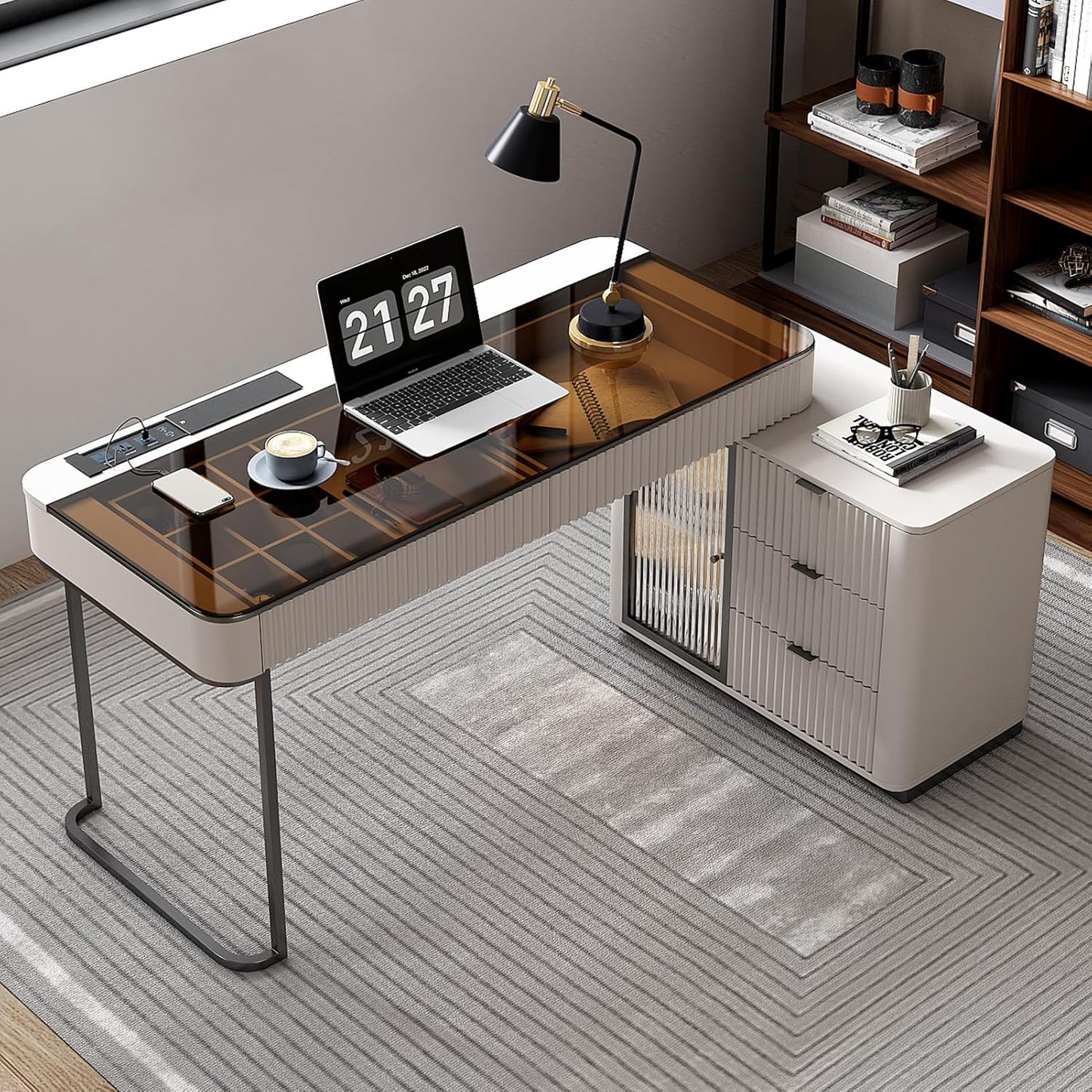 Lartis Office Desk, Very Easy to Assemble, Computer Desk, Home Telescopic Writing Desk, Modern Computer Desk with Retractable Cabinet Built-in LED Lights (Black Brown, 47 in)