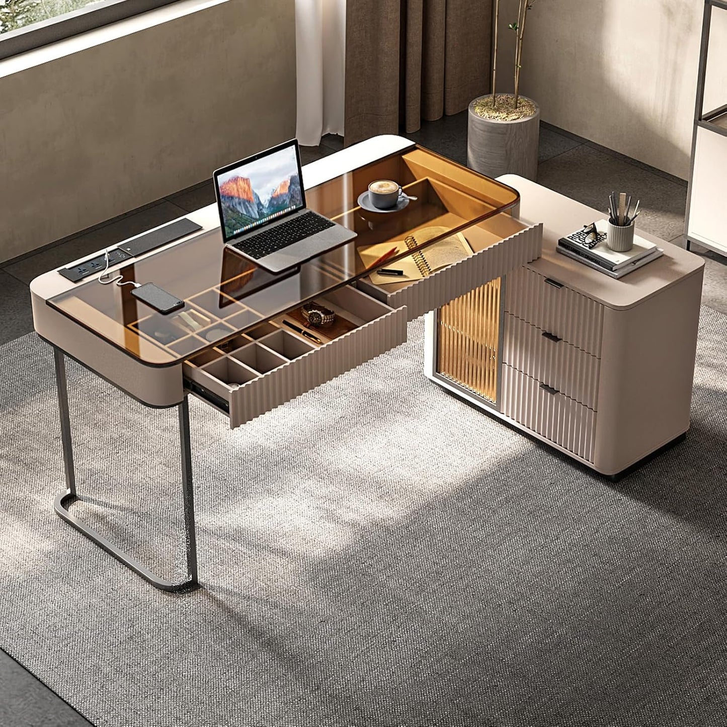 Lartis Office Desk, Very Easy to Assemble, Computer Desk, Home Telescopic Writing Desk, Modern Computer Desk with Retractable Cabinet Built-in LED Lights (Black Brown, 47 in)