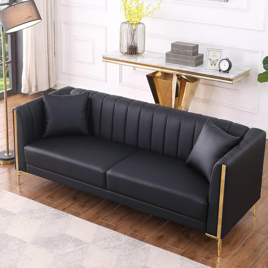 FOTOSOK 78'' Sofa, Black Couches for Living Room, Comfy Sofas Faux Leather Sofa 3 Seater Couches with 2 Throw Pillows and Gold Metal Legs, Deep Seat Sofas for Home, Office (Black)