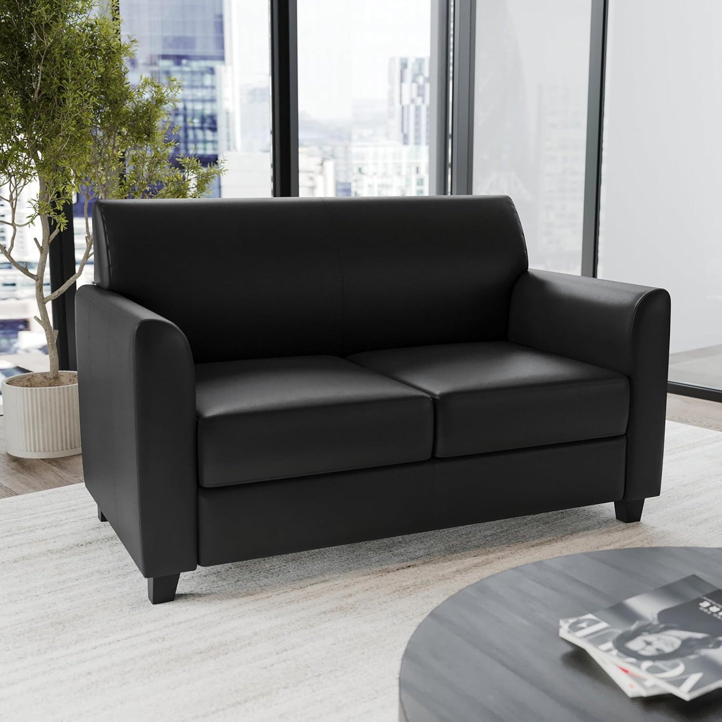 Flash Furniture Hercules Diplomat Series LeatherSoft Upholstered Loveseat, Modern Small Sofa for Living Room or Office, Black