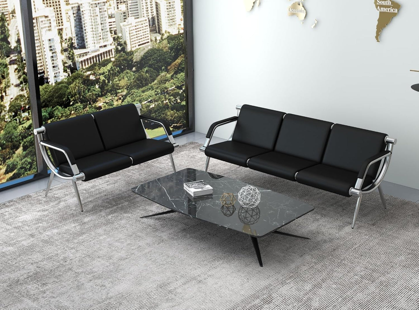 Kinsuite 3-Seat Office Reception Waiting Room Chairs - Guest & Reception Chairs for Salon Barber Bench Airport Bank Hall Visitor Guest Black PU Leather Office Sofa, Black