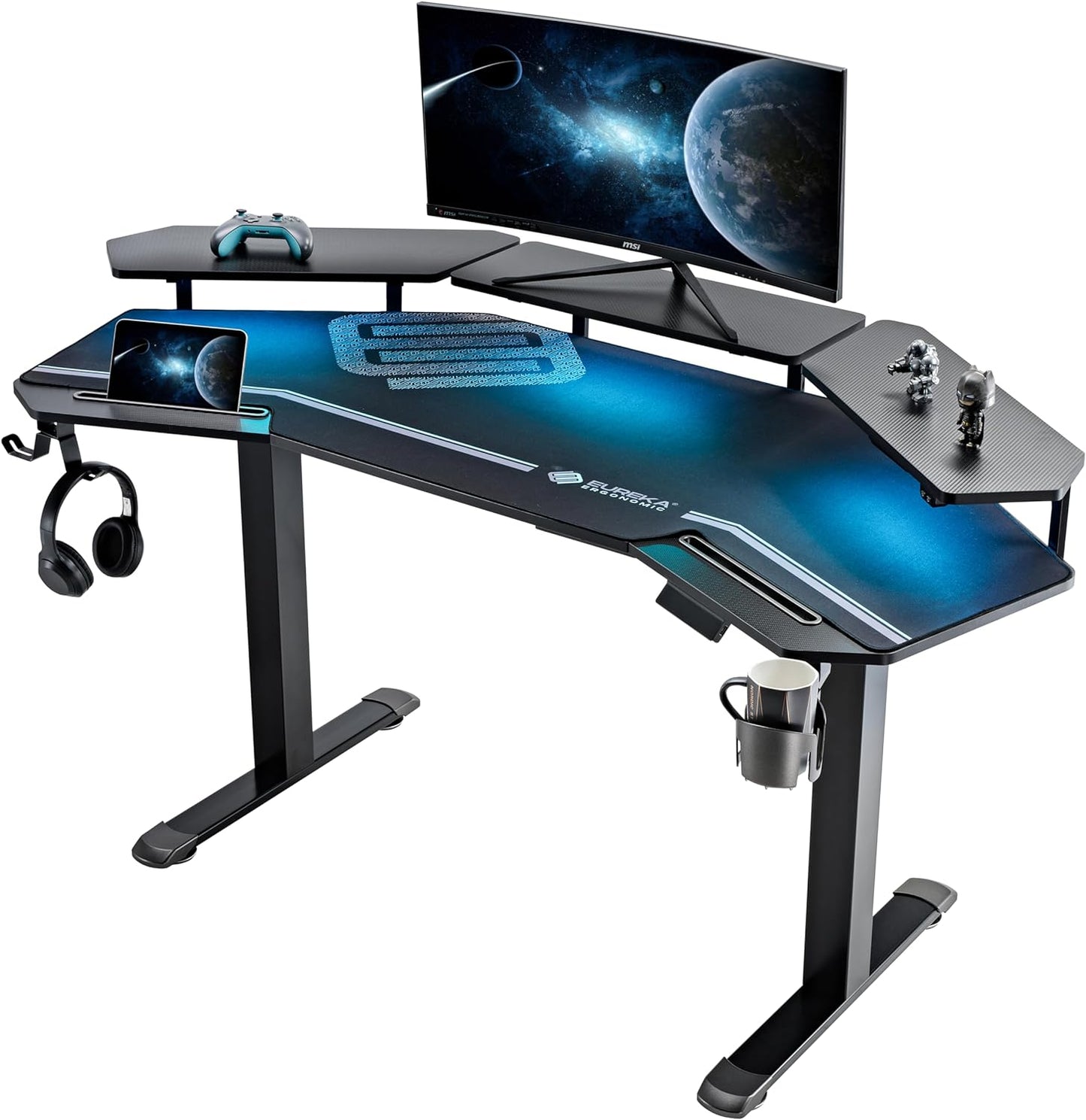EUREKA ERGONOMIC Standing Gaming Desk with Dual Motor,63" Wing Shaped Computer Desk w Mouse Pad, Electric Adjustable Height Table w LED Monitor Stands,Slot Design,Walnut