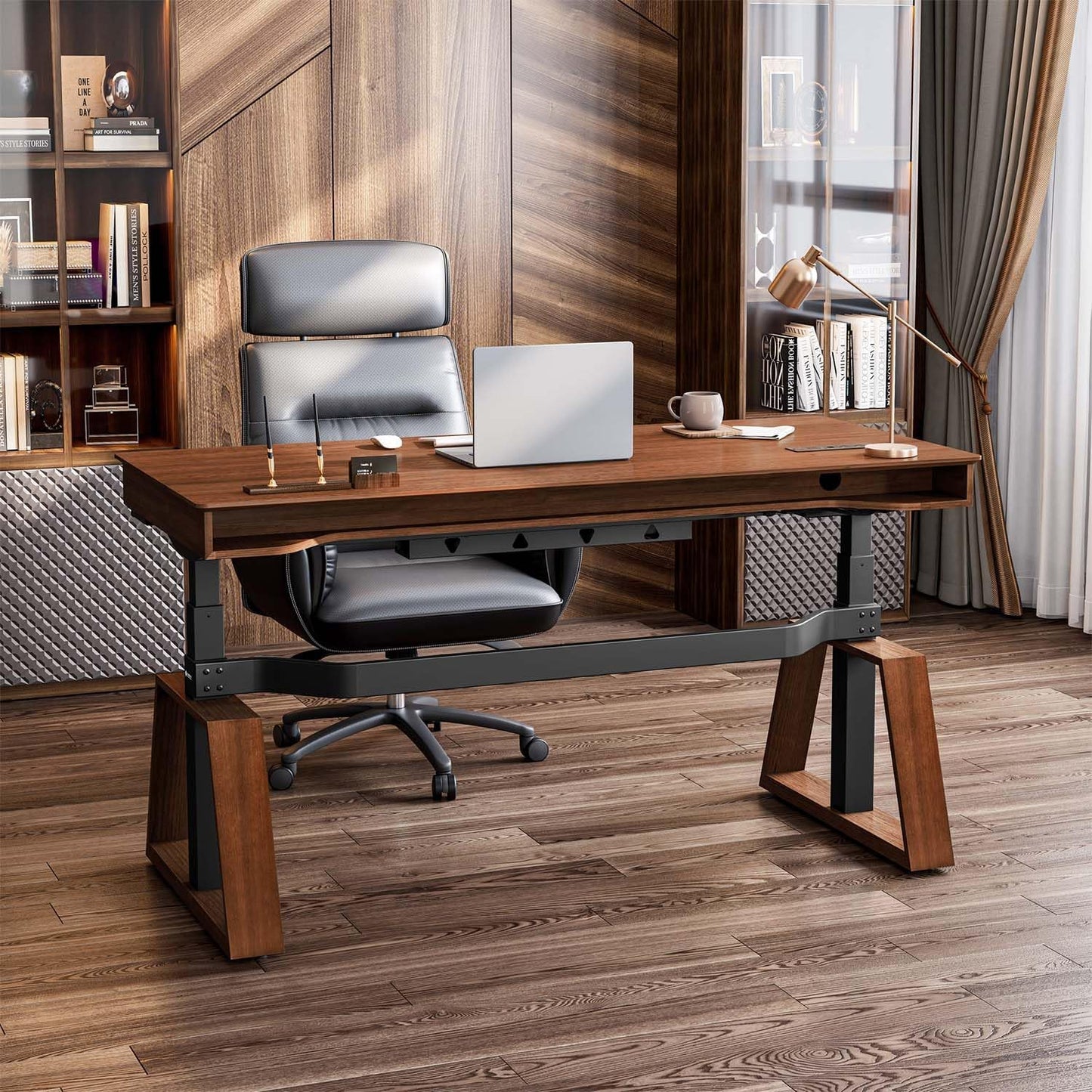 EUREKA ERGONOMIC Ark Standing Desk, 63 inch Executive Desk with Drawers,Modern Trapezoidal Leg Luxury Home Office Computer Desk w Monitor Stand Smart APP Control, Walnut