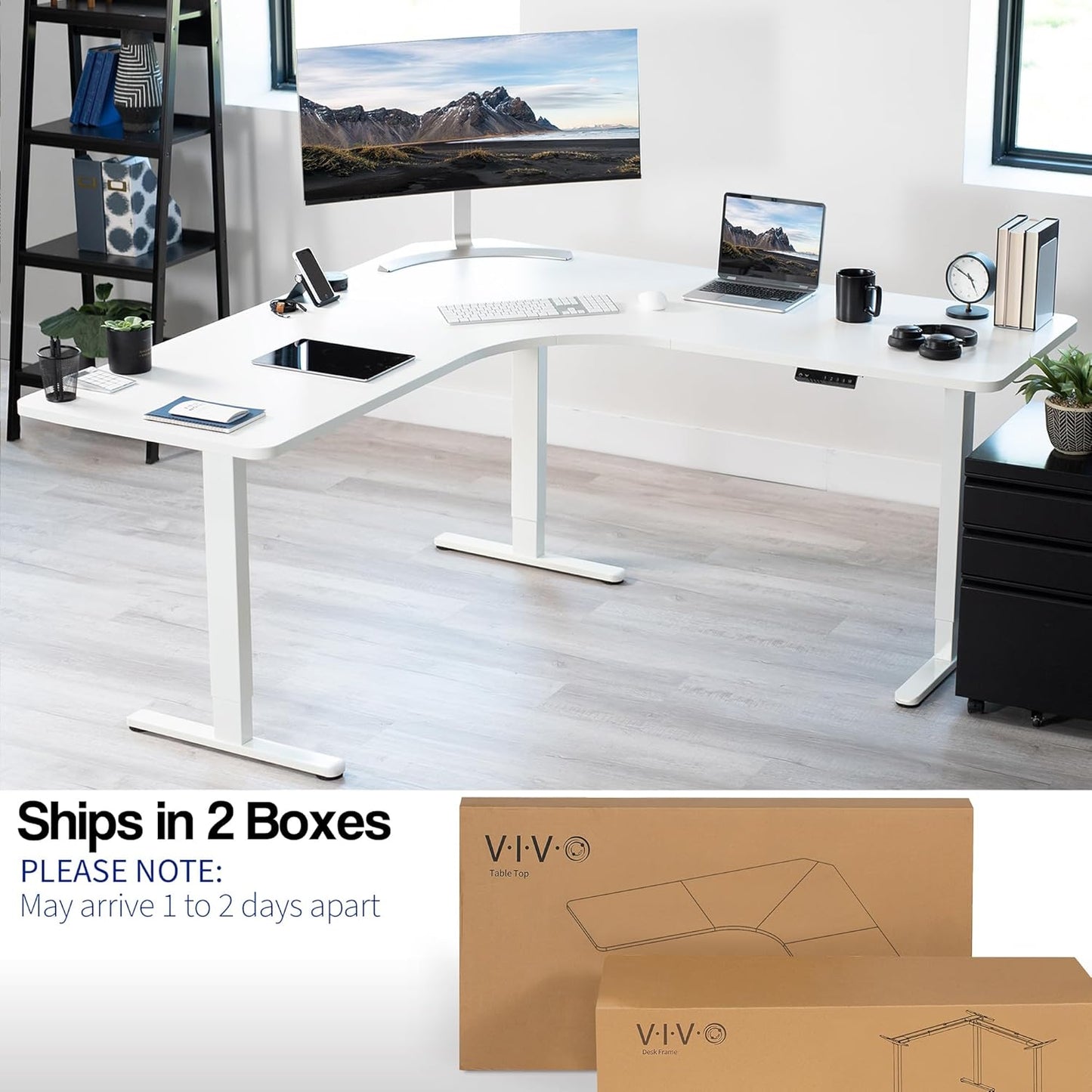 VIVO Electric Height Adjustable 71 x 71 inch Curved Corner Stand Up Desk, White Table Top, White Frame, Memory Controller, L-Shaped Workstation, E3C Series, DESK-KIT-E3CWW