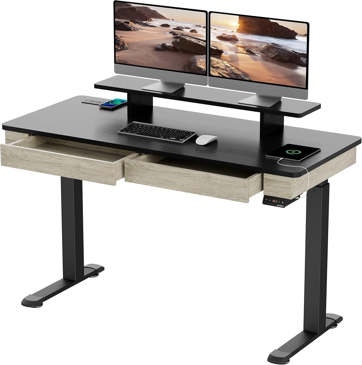 EUREKA ERGONOMIC Standing Desk with 2 Drawers, 55" Dual-Motor Height Adjustable Sit Stand Up Desk with Built-in Outlet, Wireless Charger, Luxury Home Office Computer Table with Monitor Riser, Walnut