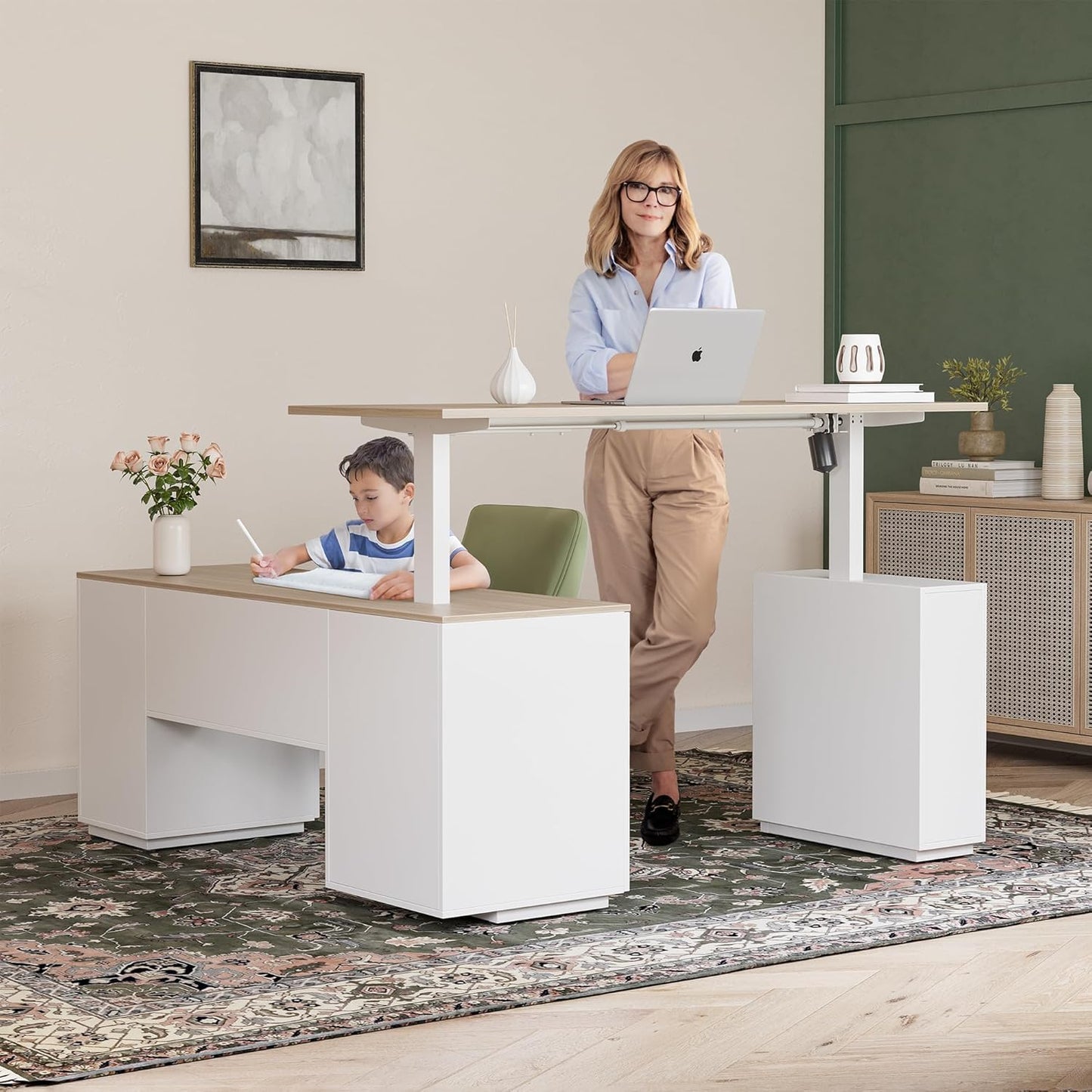 FEZIBO Electric Height Adjustable Stand up Desk for Home Office, 63" L Shaped Executive Standing Desk with 3-Drawer File Cabinet, Computer Desk with Storage Cabinets, White Frame/Light Walnut Top