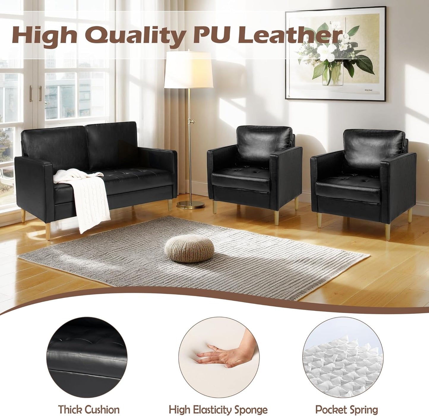 AILEEKISS Mid-Century Sectional Sofa Couch Set Faux Leather Office 3 Pcs Couch Set with Armrest Modern Upholstered Loveseat Couches for Livingroom (1-Seater+1-Seater+2-Seater, Black)